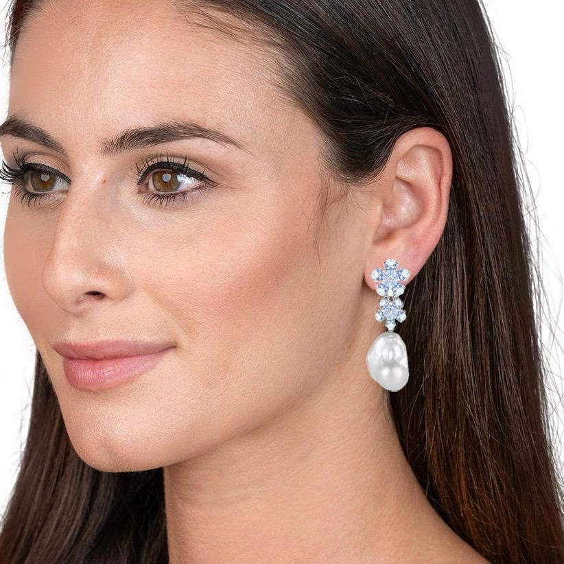 Nina Zhou Aquamarine Diamond Blossom Baroque Pearl Convertible Drop Earrings In New Condition For Sale In Rowland Heights, CA
