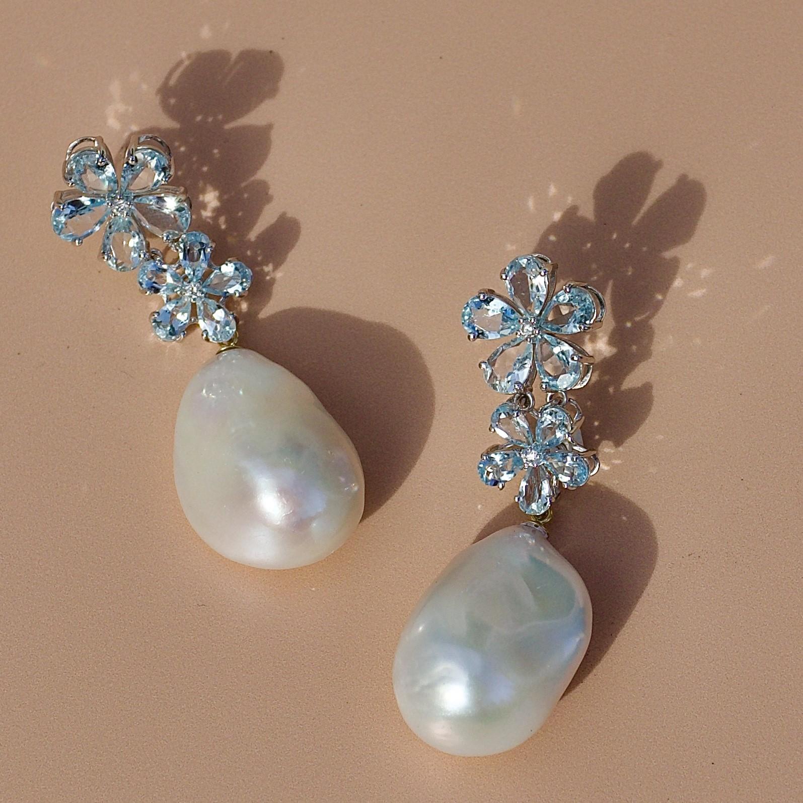 Modern Nina Zhou Aquamarine Diamond Blossom Baroque Pearl Drop Earrings in Yellow Gold For Sale