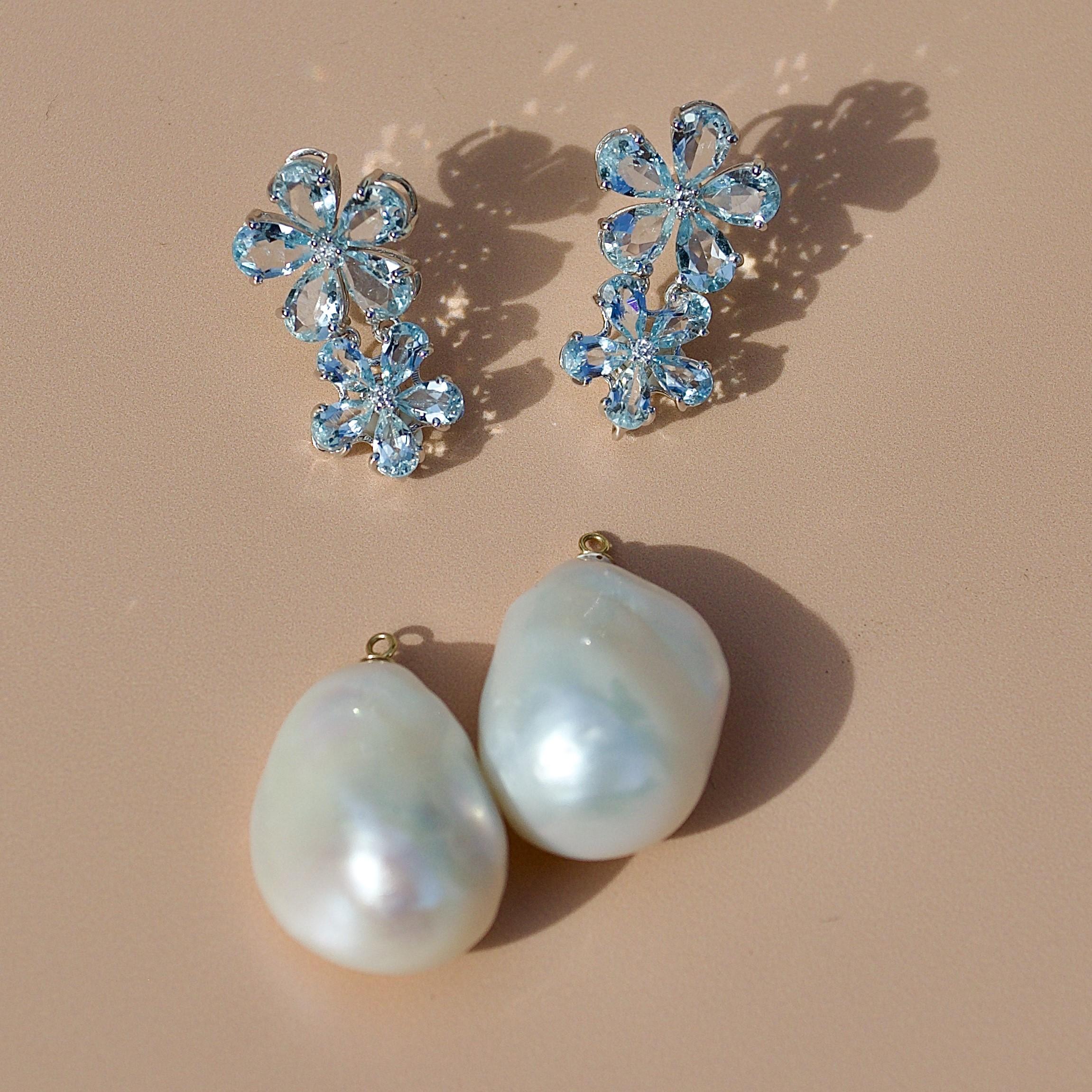 Pear Cut Nina Zhou Aquamarine Diamond Blossom Baroque Pearl Drop Earrings in Yellow Gold For Sale