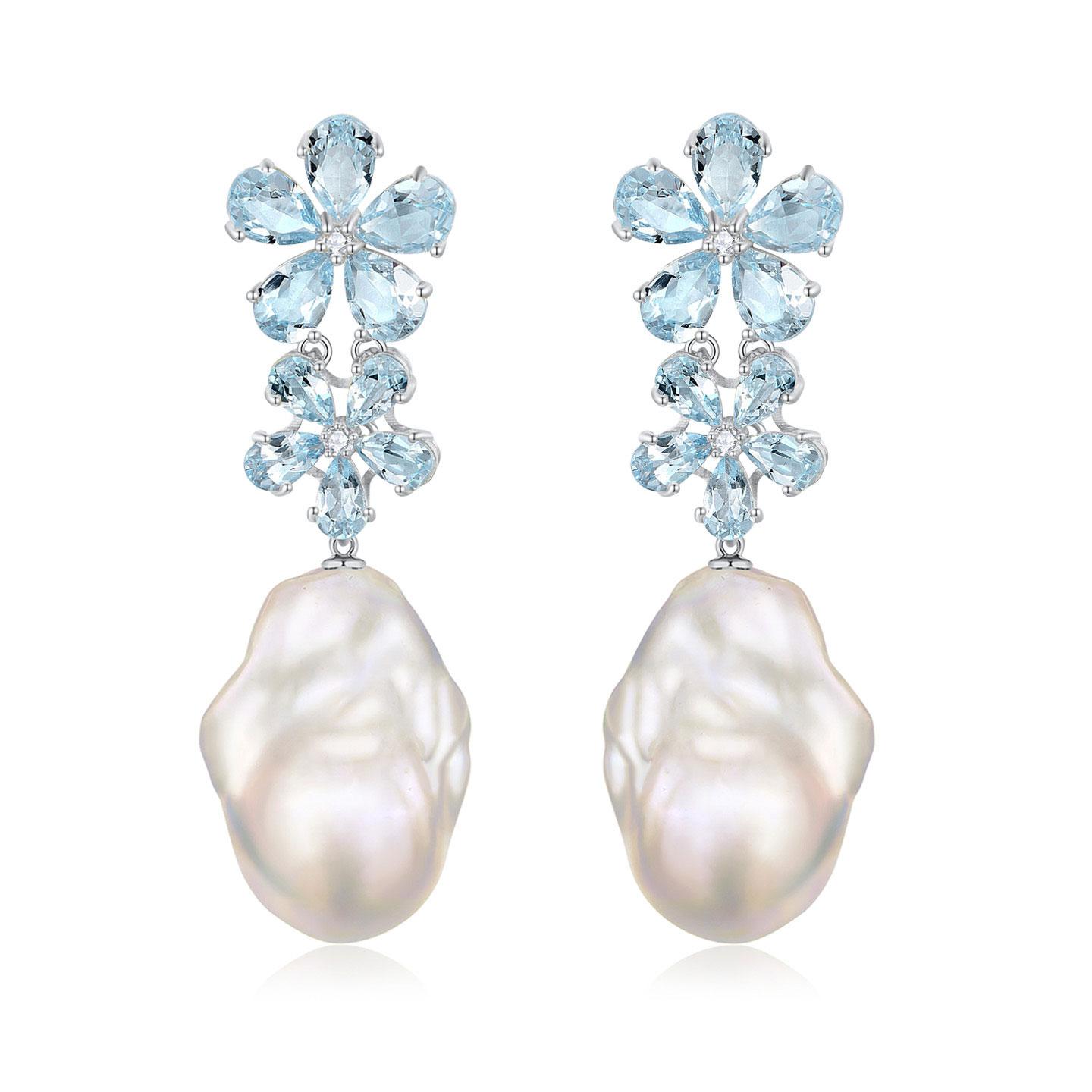 Nina Zhou Aquamarine Diamond Blossom Baroque Pearl Drop Earrings in Yellow Gold In New Condition For Sale In Rowland Heights, CA