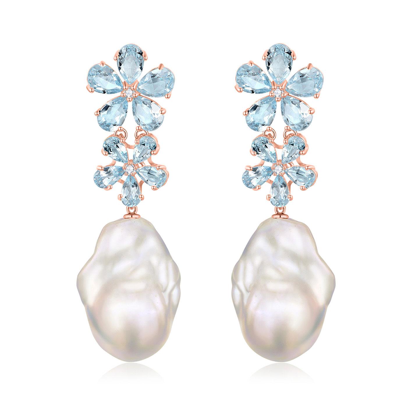 Women's Nina Zhou Aquamarine Diamond Blossom Baroque Pearl Drop Earrings in Yellow Gold For Sale
