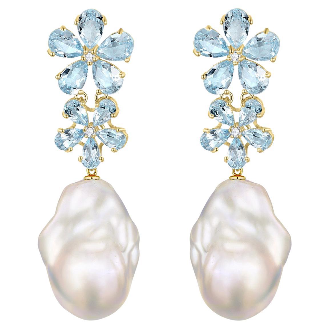 Nina Zhou Aquamarin-Diamant-Blumen-Barockperlen-Tropfen-Ohrringe aus Gelbgold