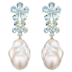 Nina Zhou Aquamarin-Diamant-Blumen-Barockperlen-Tropfen-Ohrringe aus Gelbgold