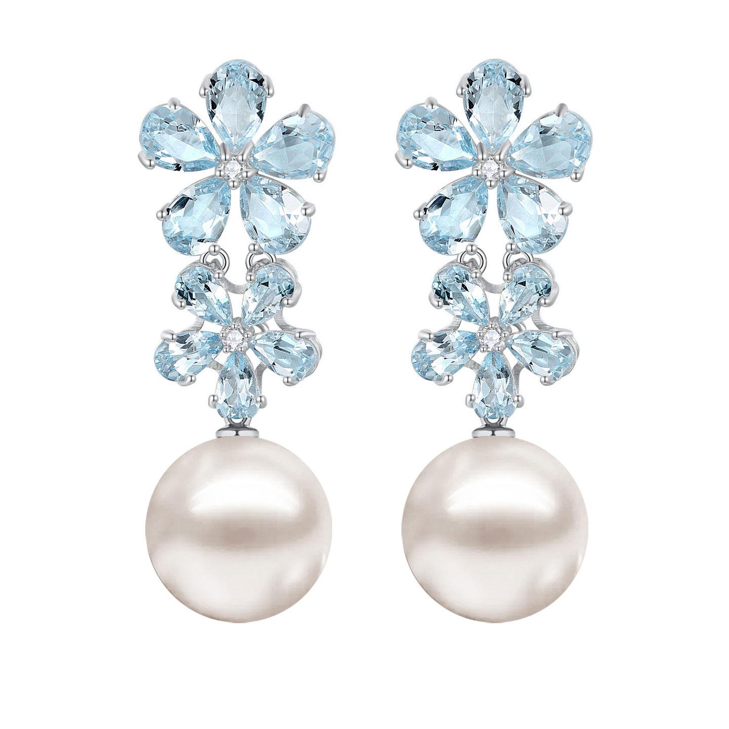 Modern Nina Zhou Aquamarine Diamond Blossom Pearl Convertible Earrings in Yellow Gold For Sale