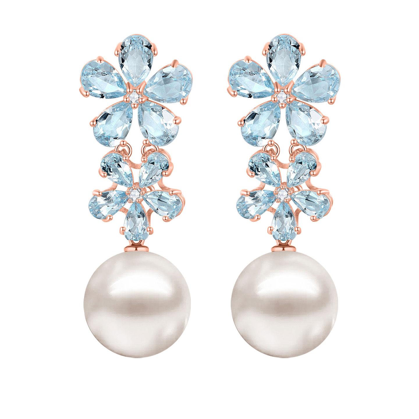 Pear Cut Nina Zhou Aquamarine Diamond Blossom Pearl Convertible Earrings in Yellow Gold For Sale