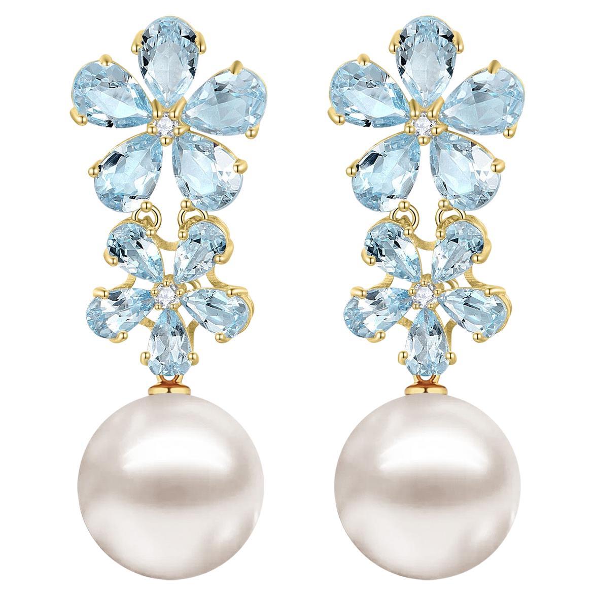 Pendientes Convertibles Nina Zhou Aguamarina Diamante Flor Perla en Oro Amarillo