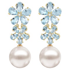 Pendientes Convertibles Nina Zhou Aguamarina Diamante Flor Perla en Oro Amarillo