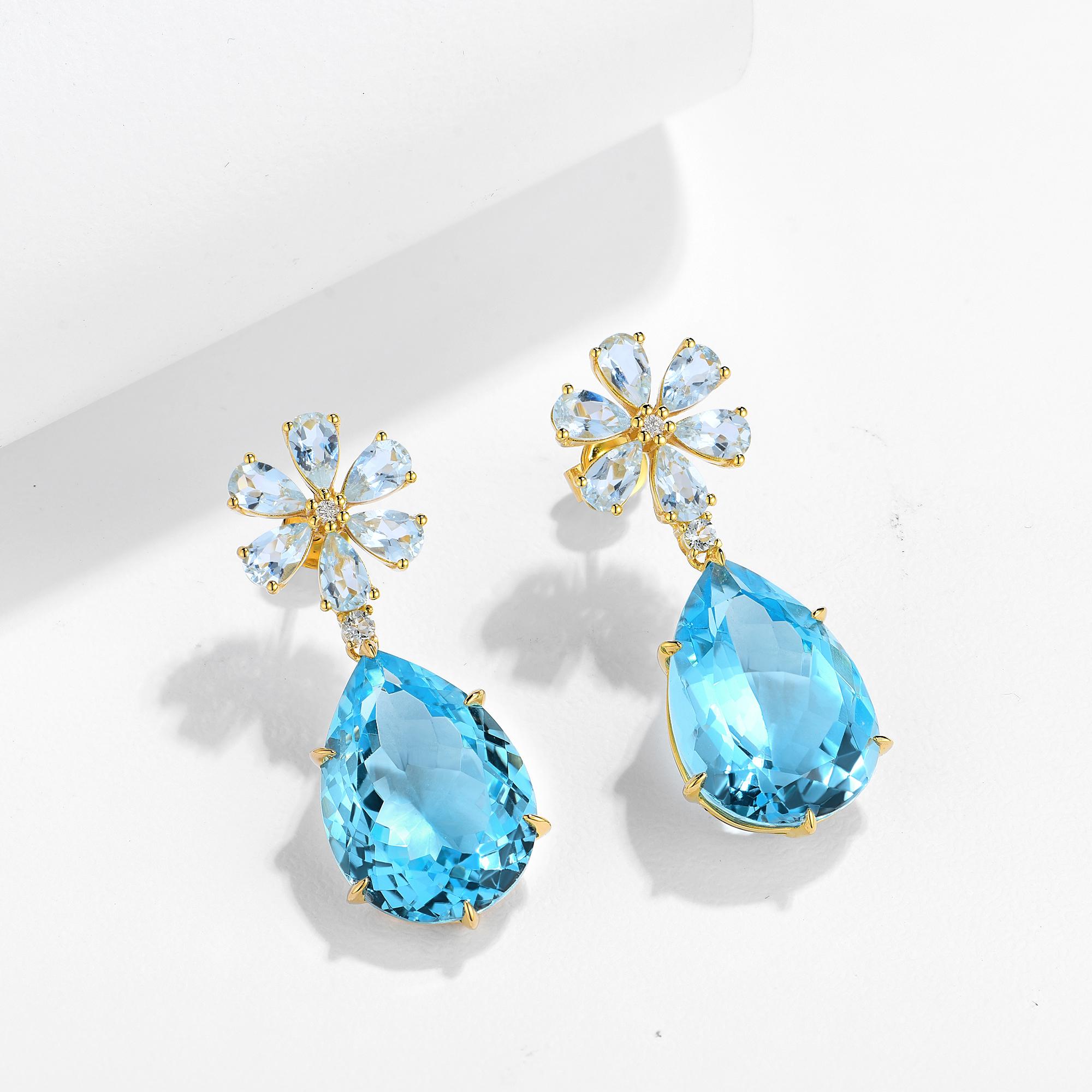 Pear Cut Nina Zhou Aquamarine Diamond Blossom Topaz Drop Earrings For Sale