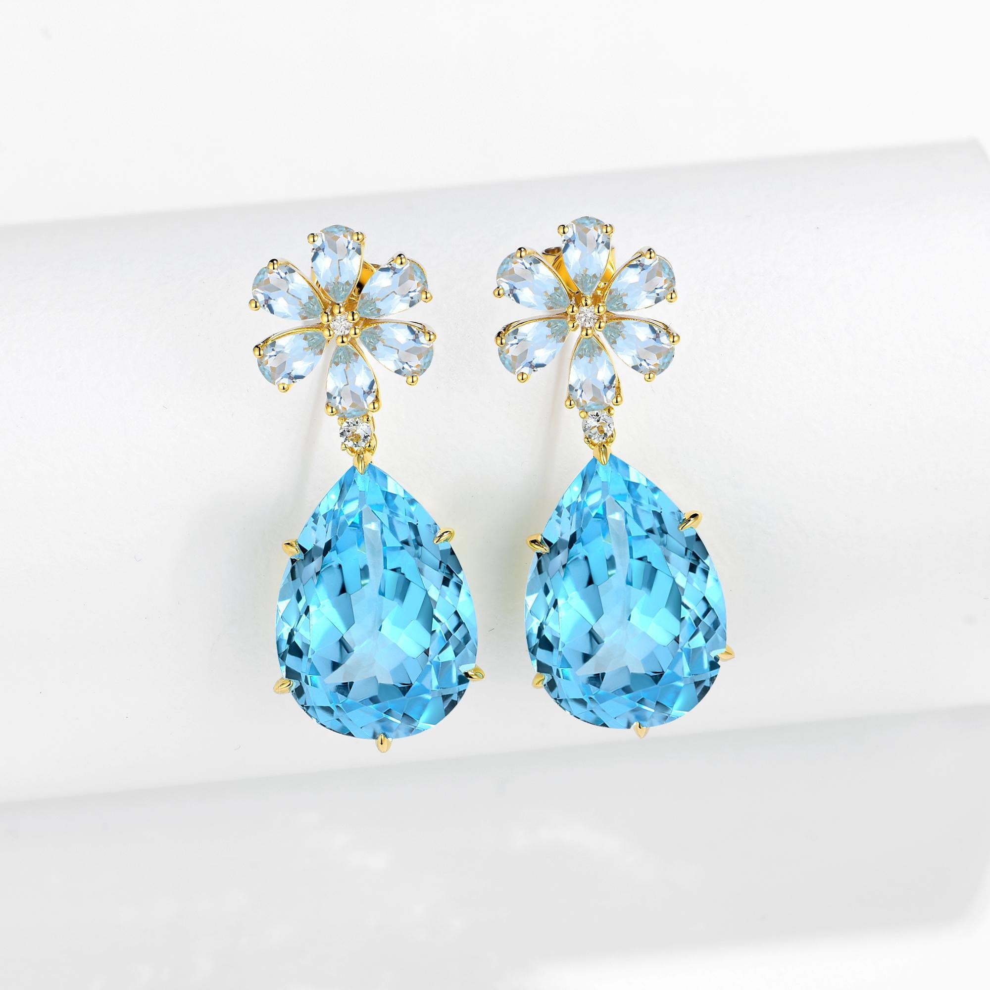 Nina Zhou Aquamarine Diamond Blossom Topaz Drop Earrings In New Condition For Sale In Rowland Heights, CA