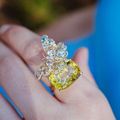Nina Zhou 13.5ctw Aquamarine & Diamond Butterfly on Lemon Quartz Cocktail Ring