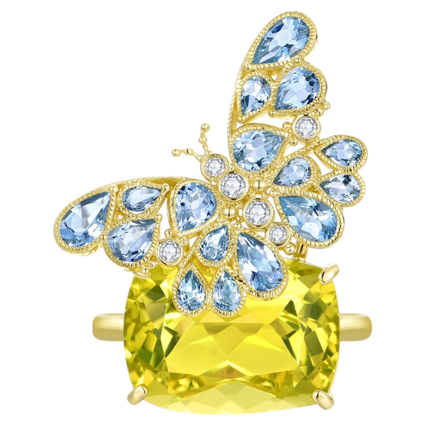 Nina Zhou 13.5ctw Aquamarine & Diamond Butterfly on Lemon Quartz Cocktail Ring
