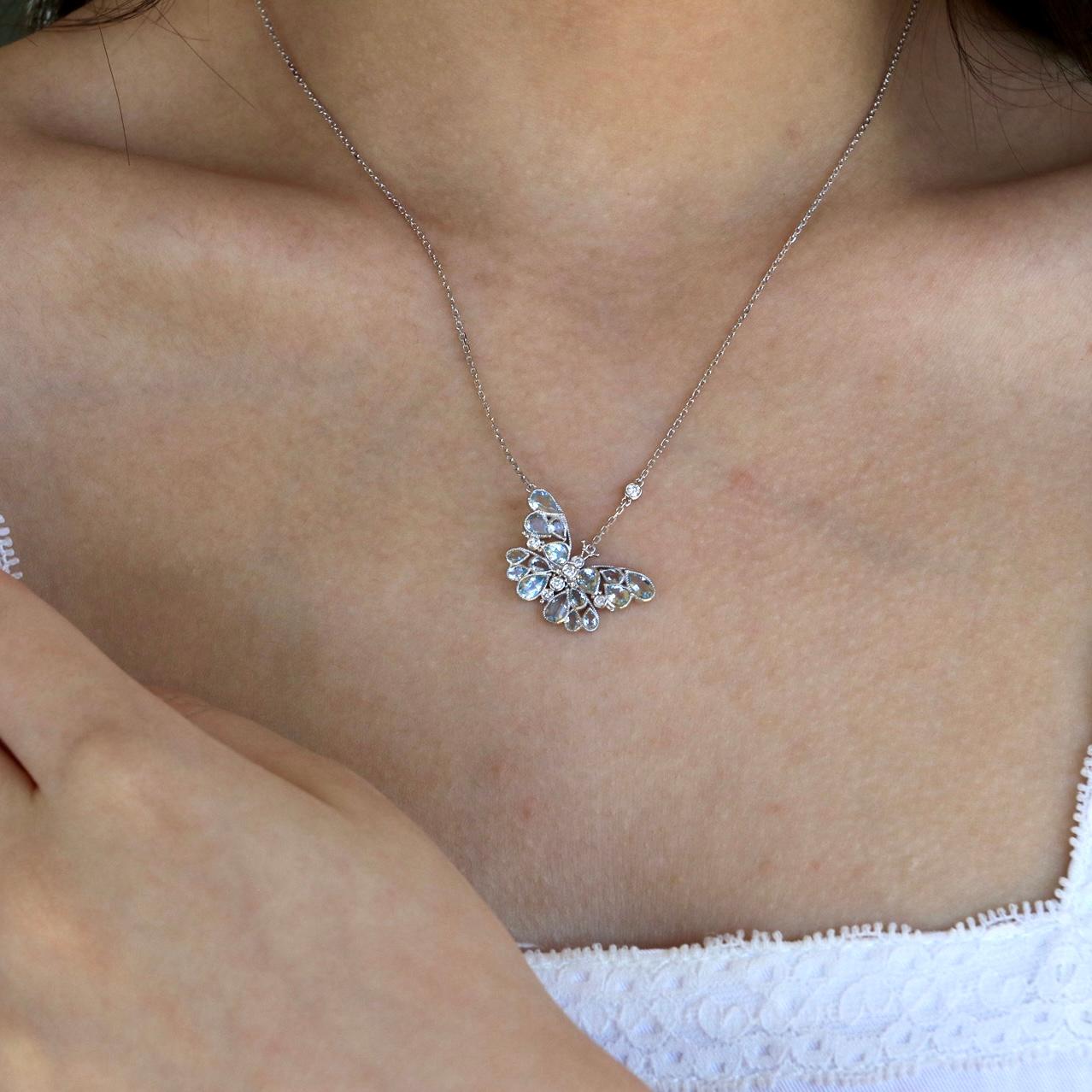 Modern Nina Zhou 2.50ctw Aquamarine Diamond Butterfly Pendant Necklace 14K Wthite Gold For Sale