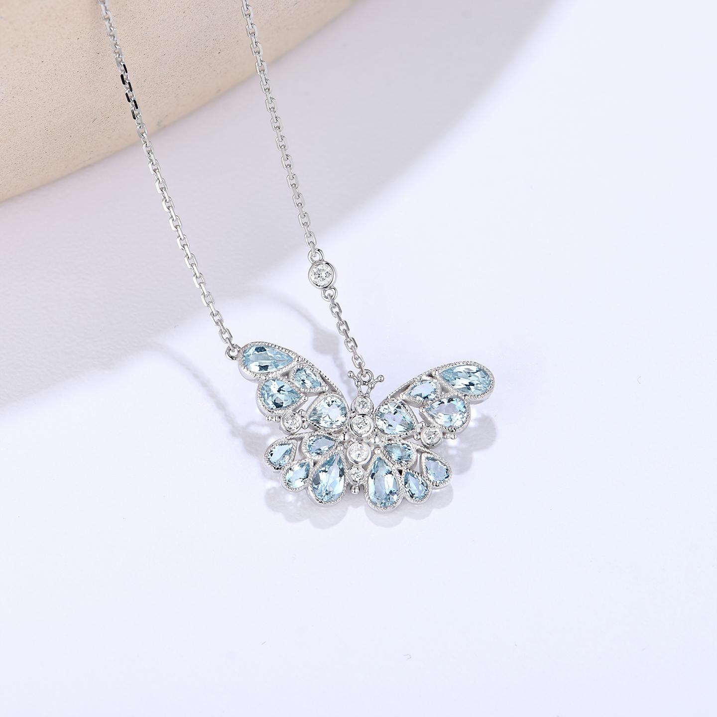 Pear Cut Nina Zhou 2.50ctw Aquamarine Diamond Butterfly Pendant Necklace 14K Wthite Gold For Sale