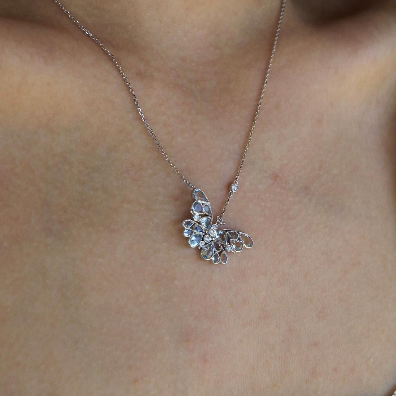 Nina Zhou 2.50ctw Aquamarine Diamond Butterfly Pendant Necklace 14K Wthite Gold For Sale 1