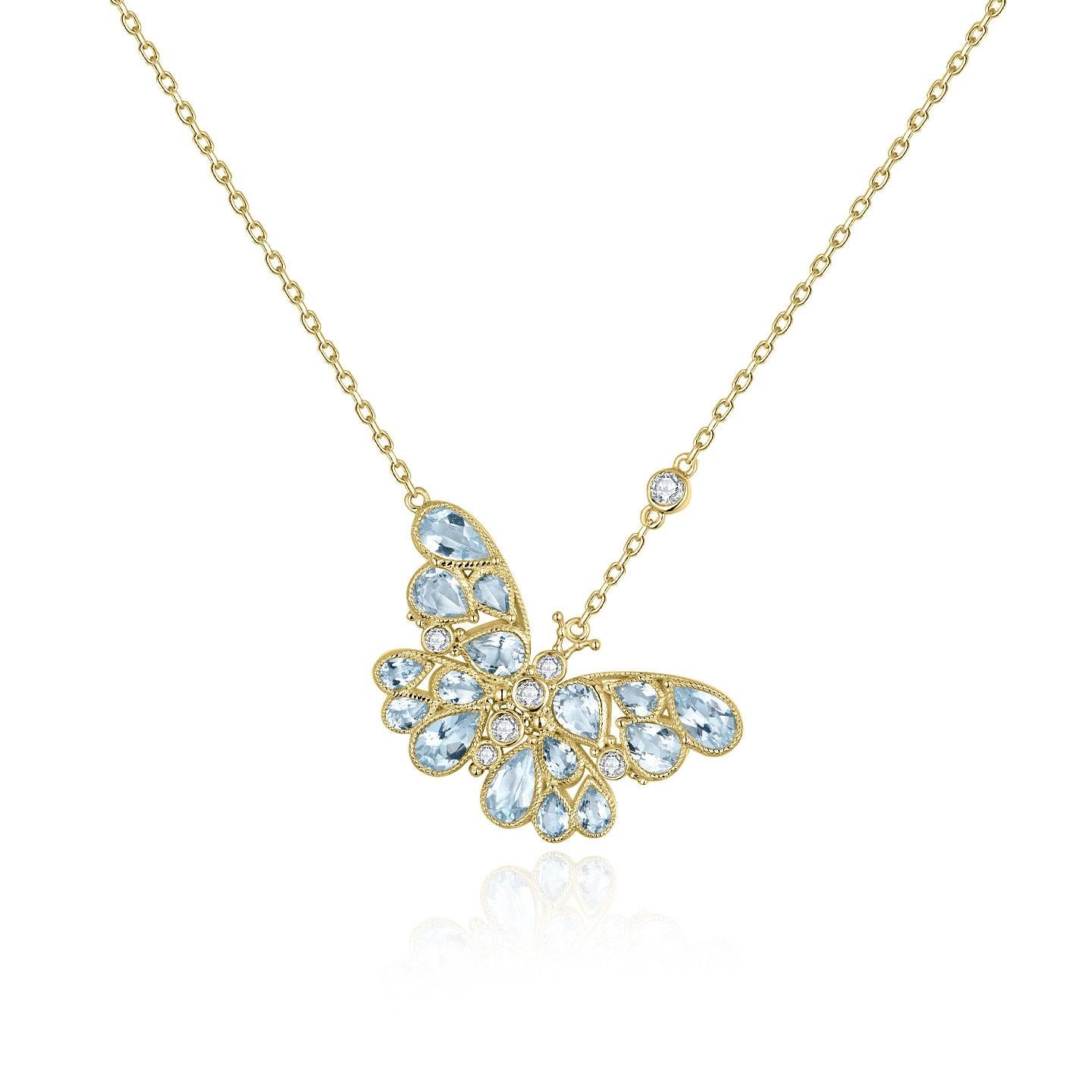 Nina Zhou 2.50ctw Aquamarine Diamond Butterfly Pendant Necklace 14K Wthite Gold For Sale 2