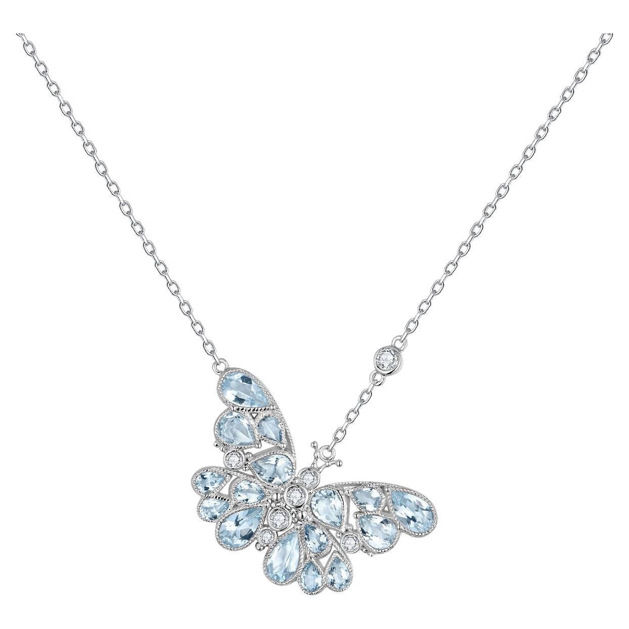 Nina Zhou Aquamarine Diamond Butterfly Pendant Necklace in 14K Wthite Gold