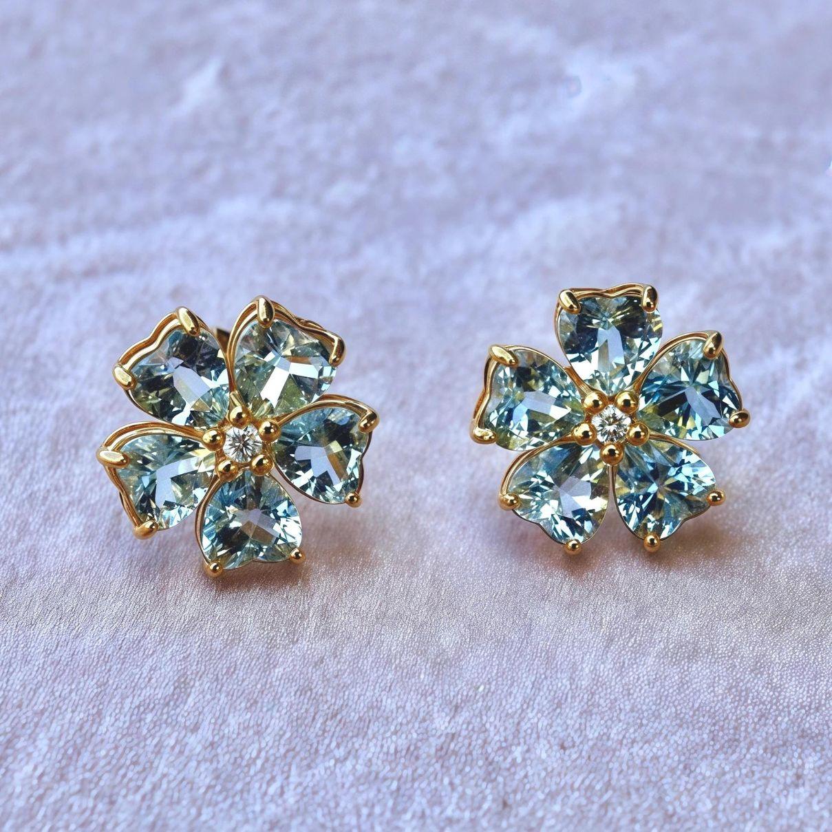 Nina Zhou 4.84 ctw Aquamarine & Diamond Cherry Blossom Earrings For Sale 1