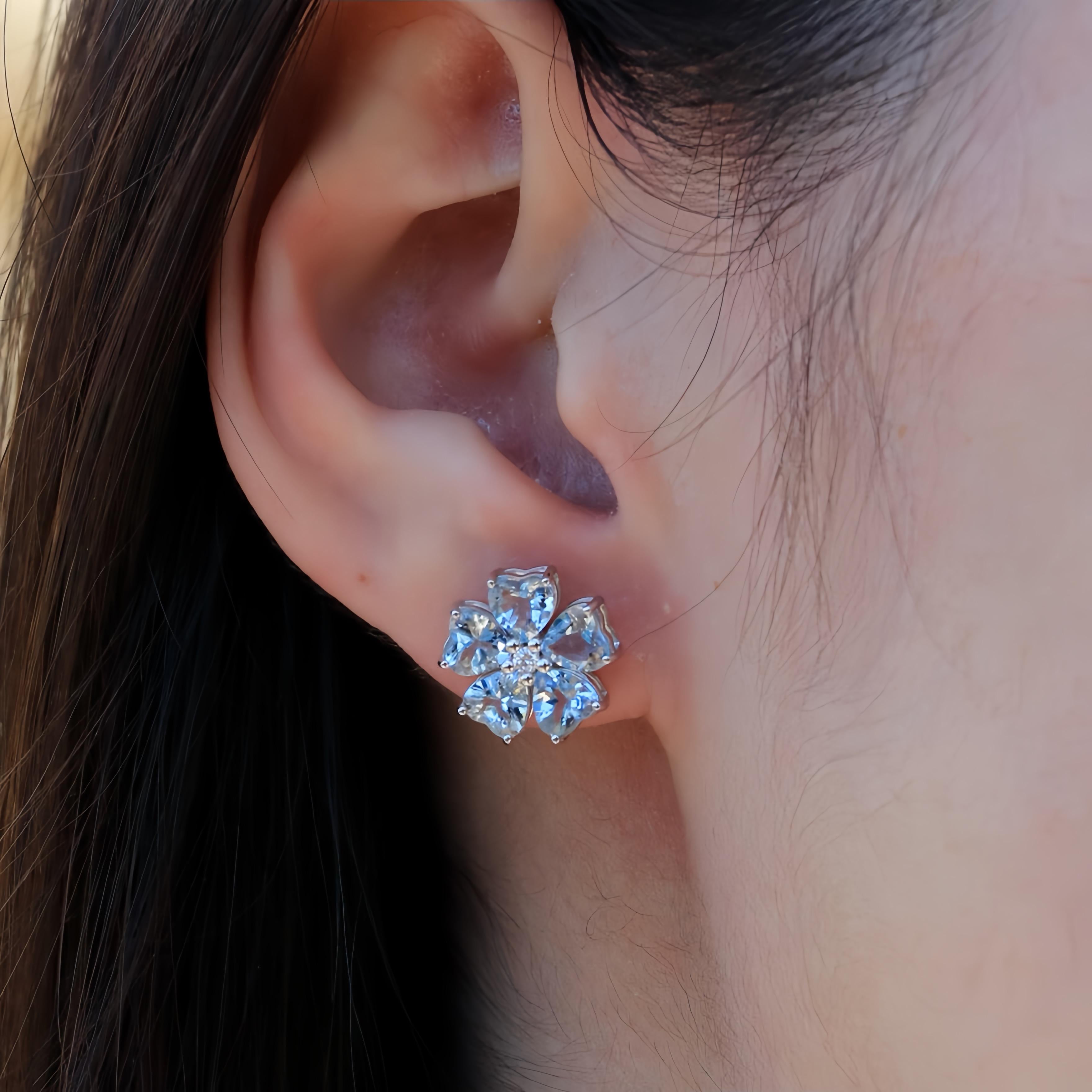 Modern Nina Zhou Aquamarine Diamond Cherry Blossom Earrings in White Gold For Sale