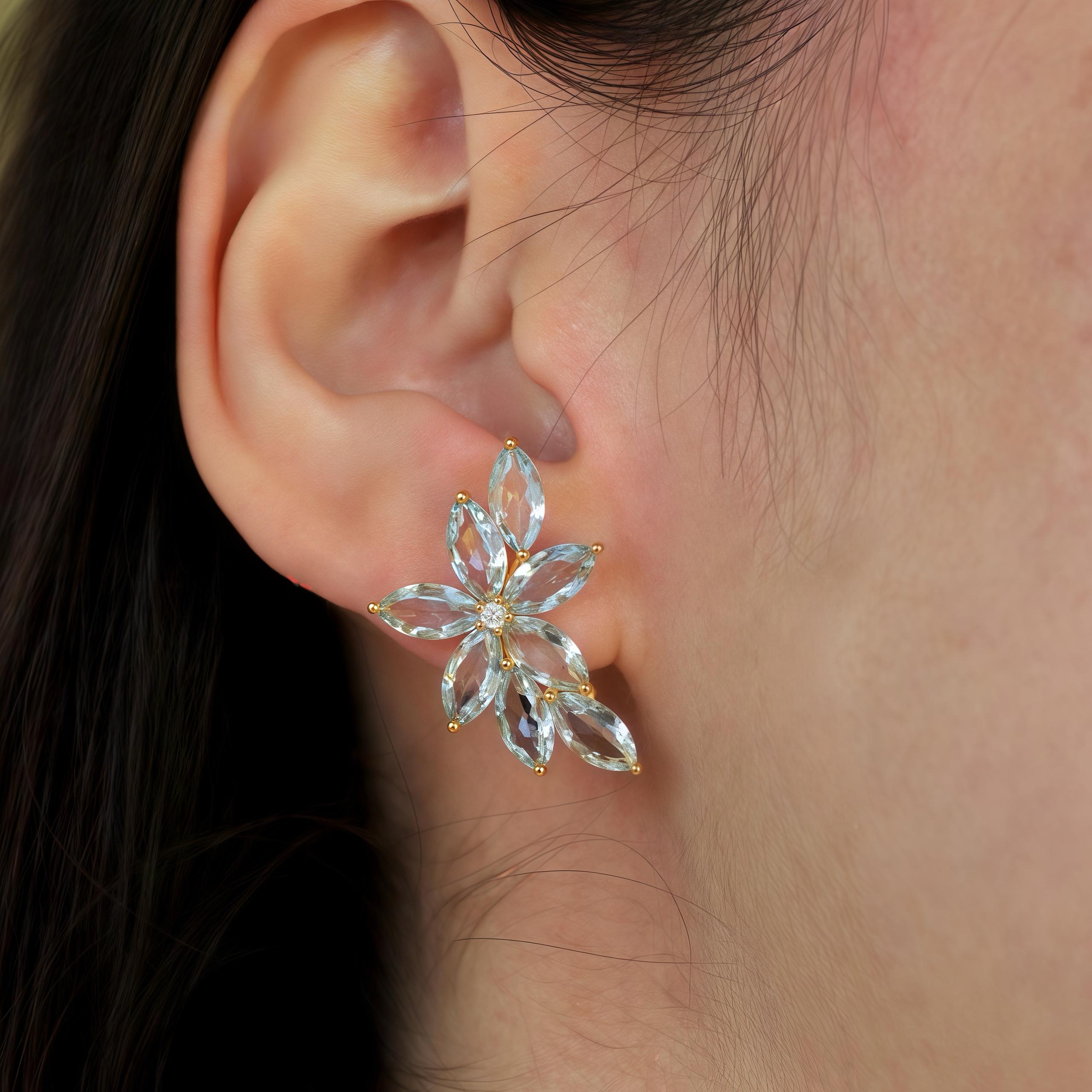 The Nina Zhou Aquamarine Diamond Cluster Earrings in 14k Gold are a blend of elegance and sophistication. These stunning earrings feature aquamarines, celebrated for their serene blue hue that evokes the calming essence of clear ocean waters. Each