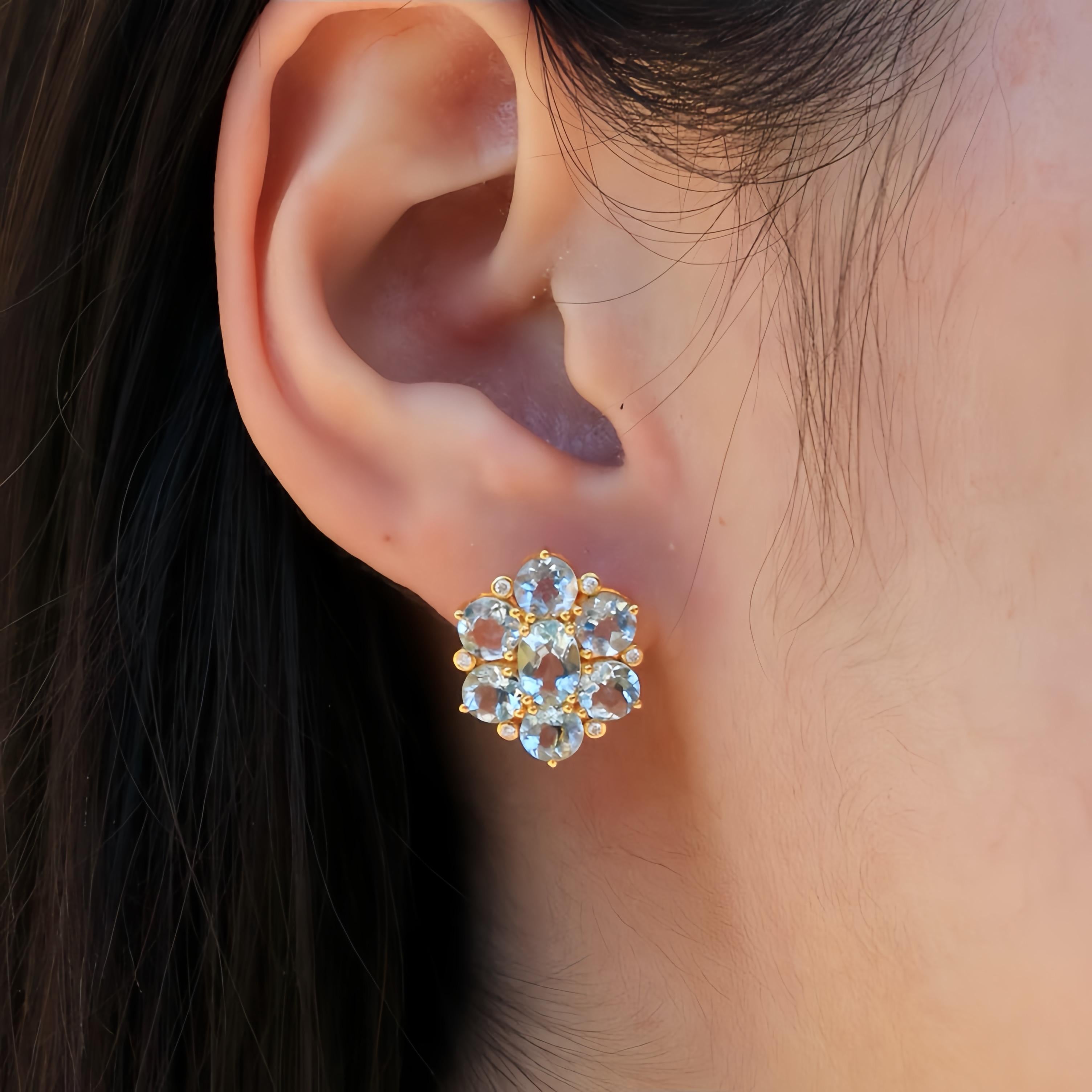 Experience the enchanting elegance of Nina Zhou's Aquamarine Diamond Cluster Earrings, beautifully set in solid yellow gold. These captivating earrings feature a cluster of radiant aquamarine gemstones, each gleaming with serene, sky-blue hues that