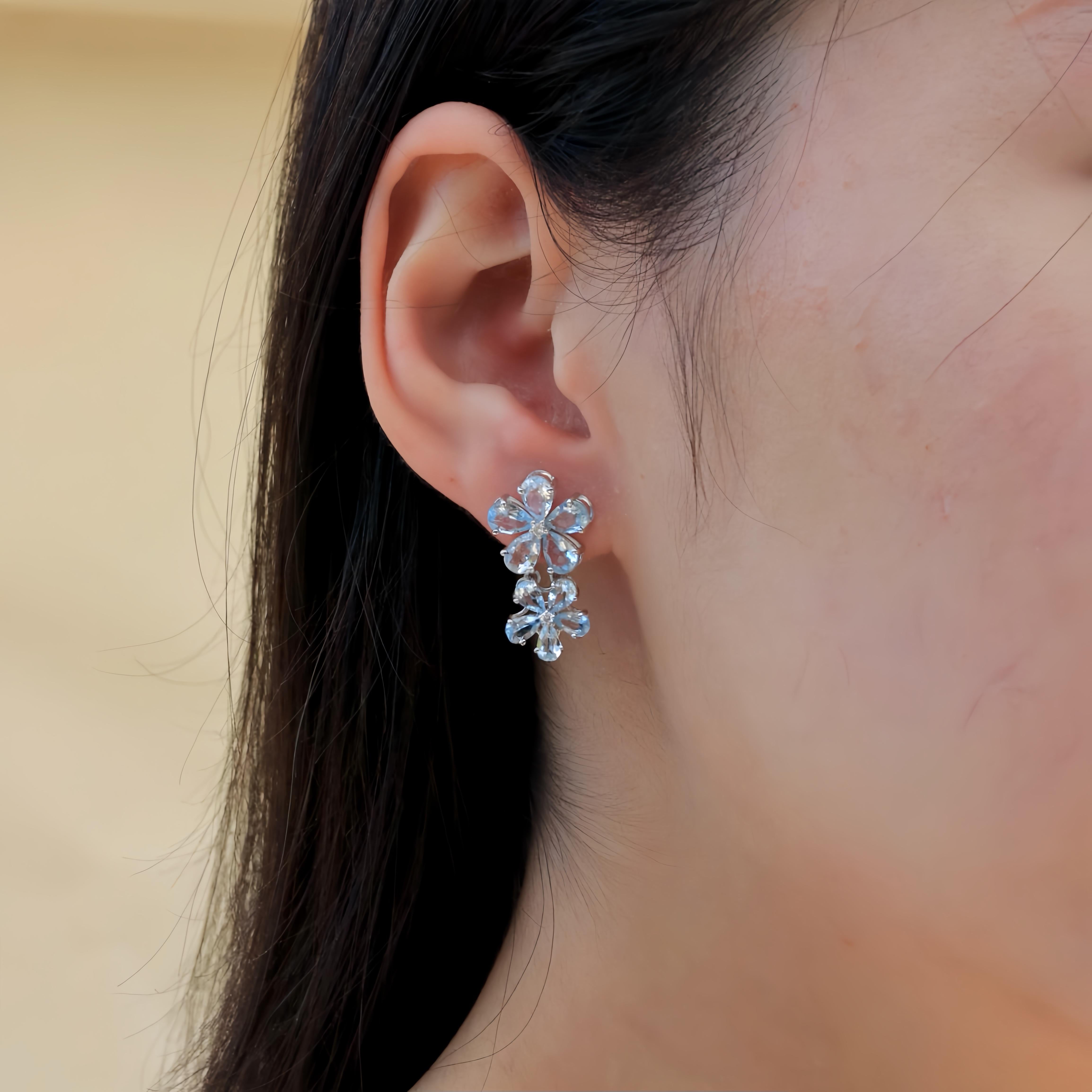 Modern Nina Zhou 5.92 ctw Aquamarine & Diamond Double Blossom Drop Earrings For Sale