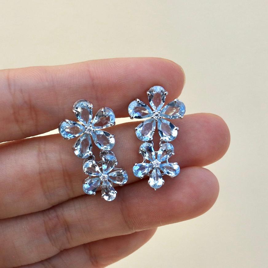 Pear Cut Nina Zhou Aquamarine Diamond Double Blossom Drop Earrings