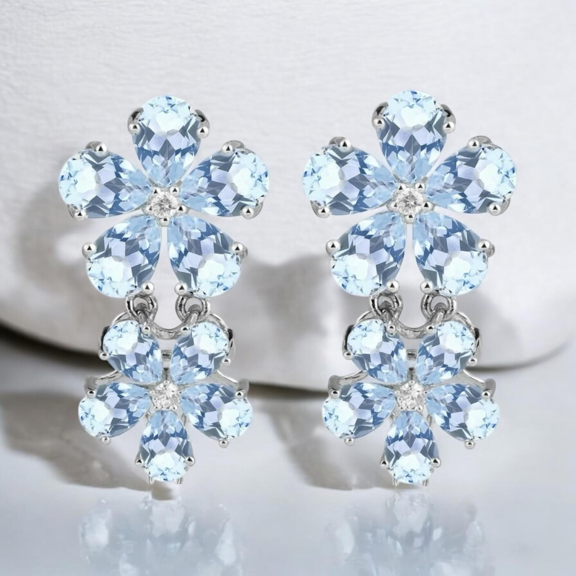 Nina Zhou Aquamarine Diamond Double Blossom Drop Earrings In New Condition In Rowland Heights, CA