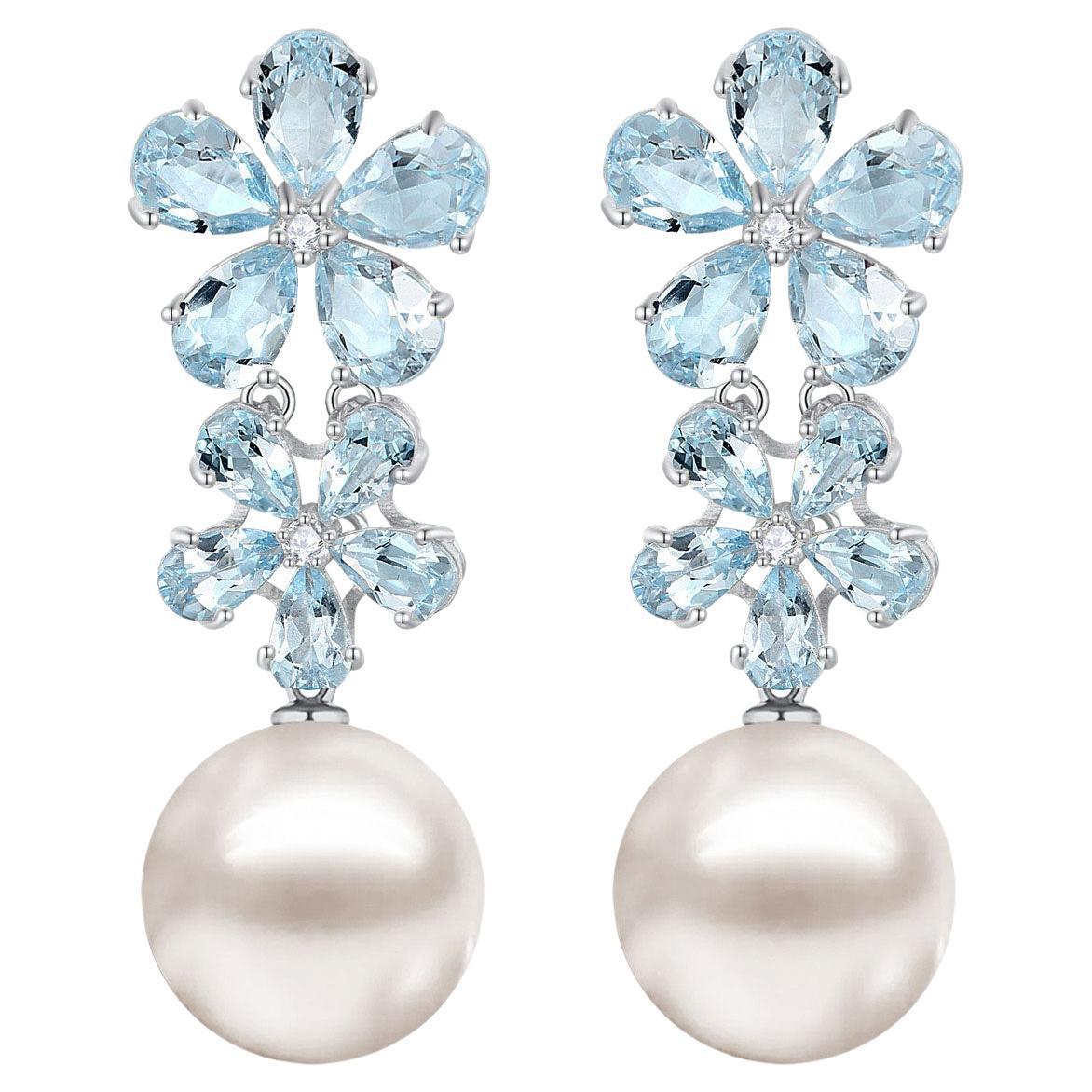 Nina Zhou Aquamarine Diamond Double Blossom Pearl Convertible Drop Earrings