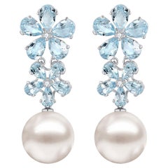 Nina Zhou Pendants d'oreilles convertibles en aigue-marine, diamants et perles à double fleur