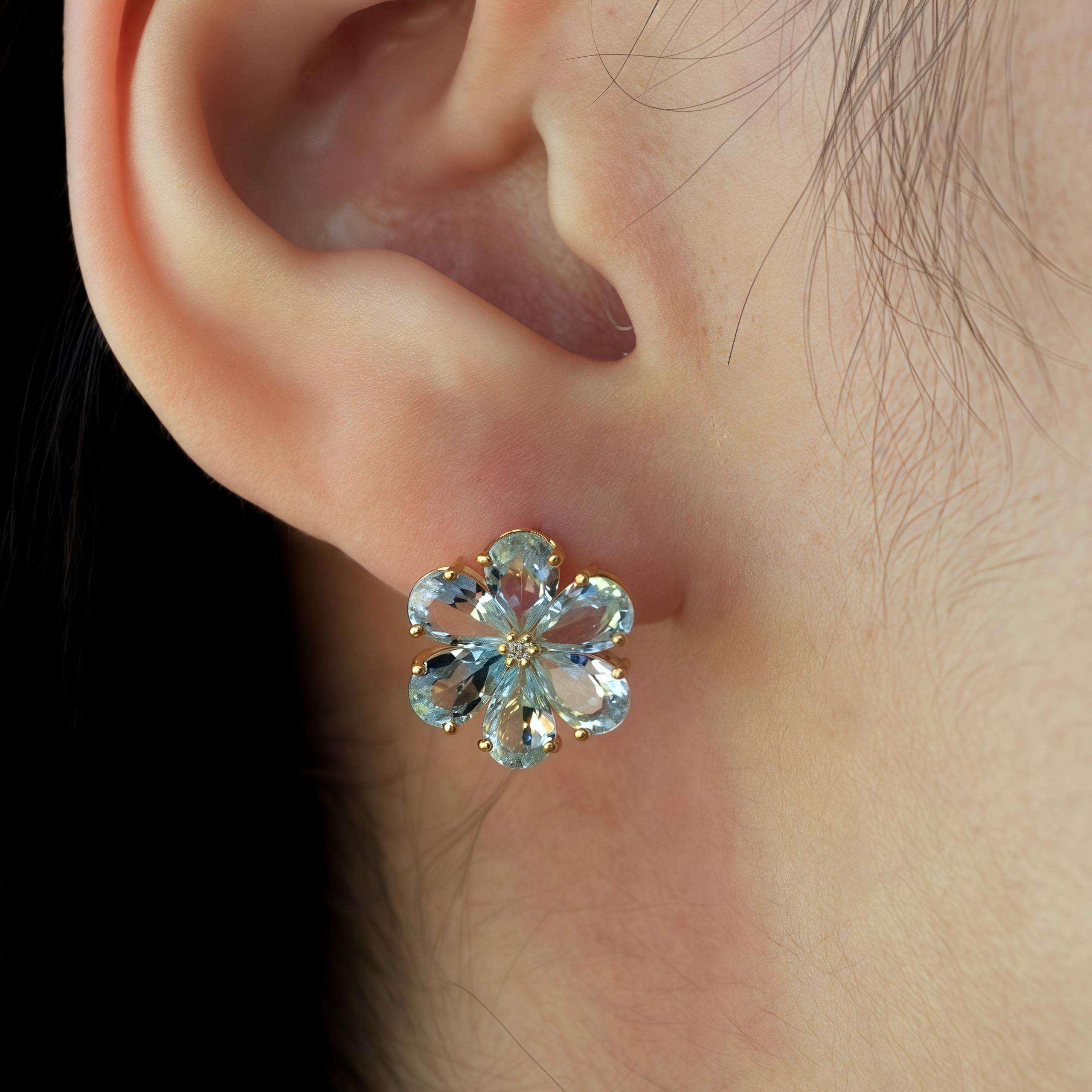 Pear Cut Nina Zhou Aquamarine Diamond Forget-me-Not Earrings For Sale