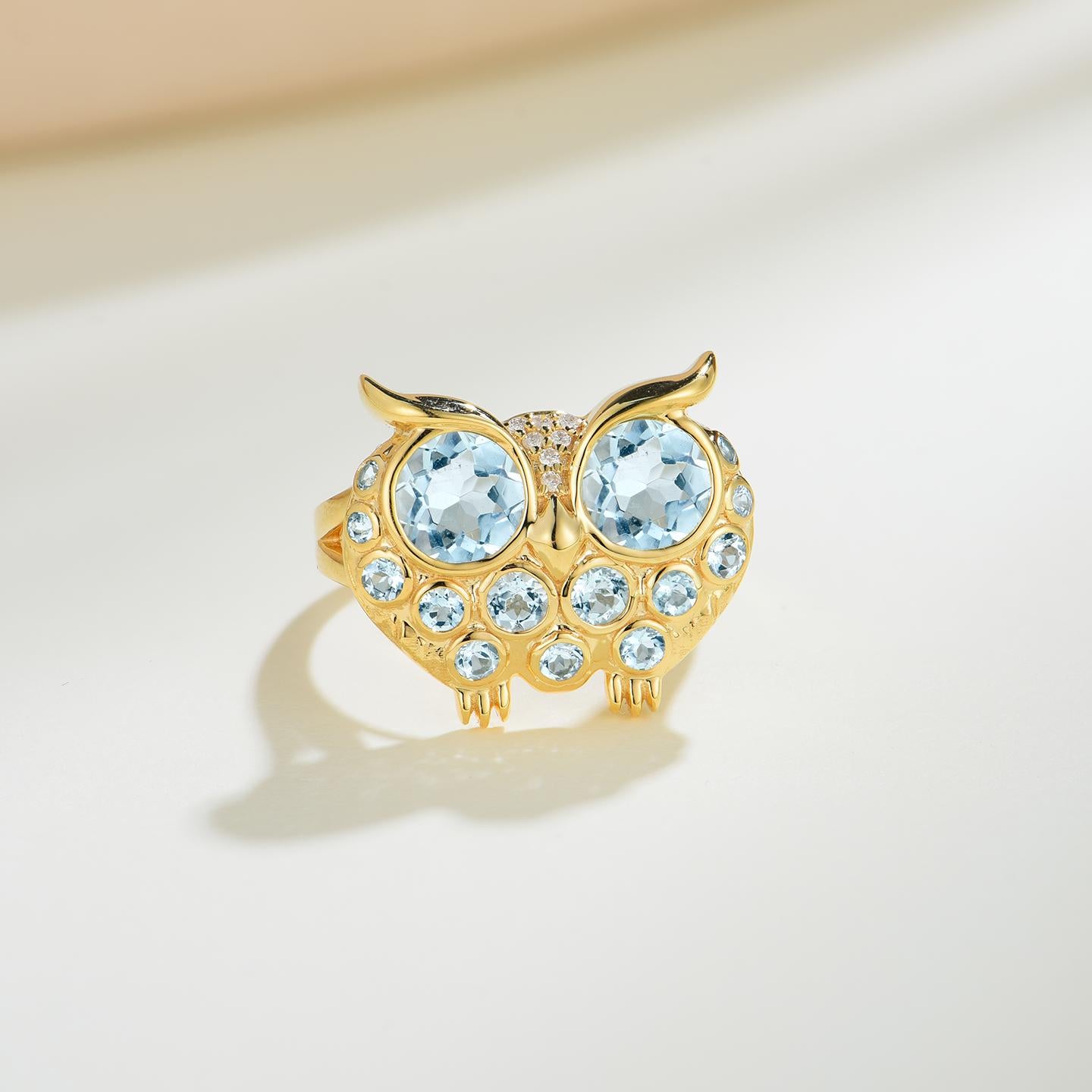 Modern Nina Zhou 2.13ctw Aquamarine & Diamond Owl Ring in 14k Yellow Gold For Sale