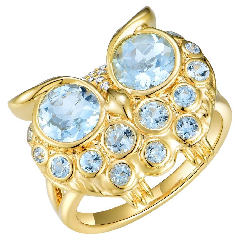 Nina Zhou Aquamarine Diamond Owl Ring in 14k Yellow Gold