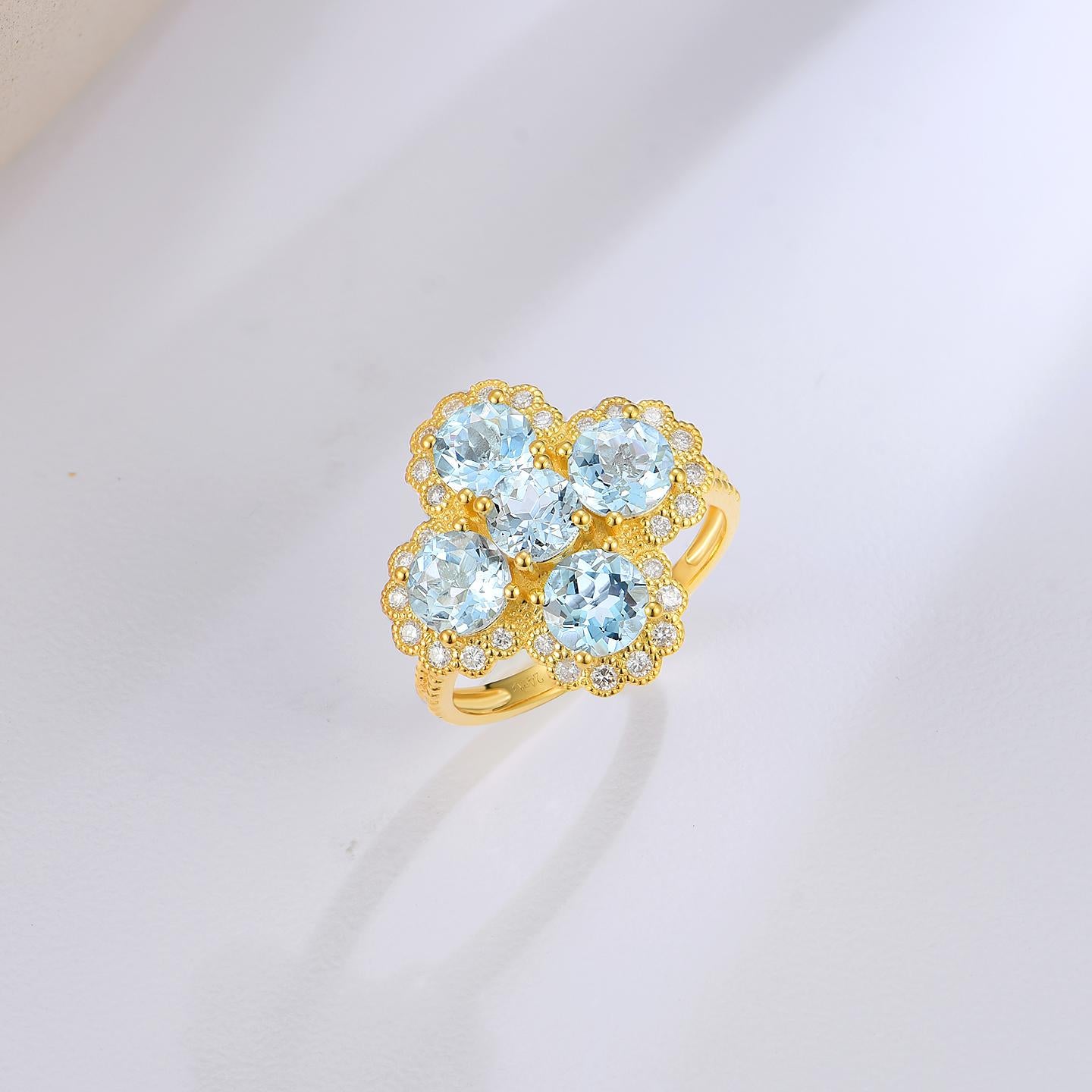 For Sale:  Nina Zhou Aquamarine Diamond Vintage-Style Clover Cocktail Ring 4