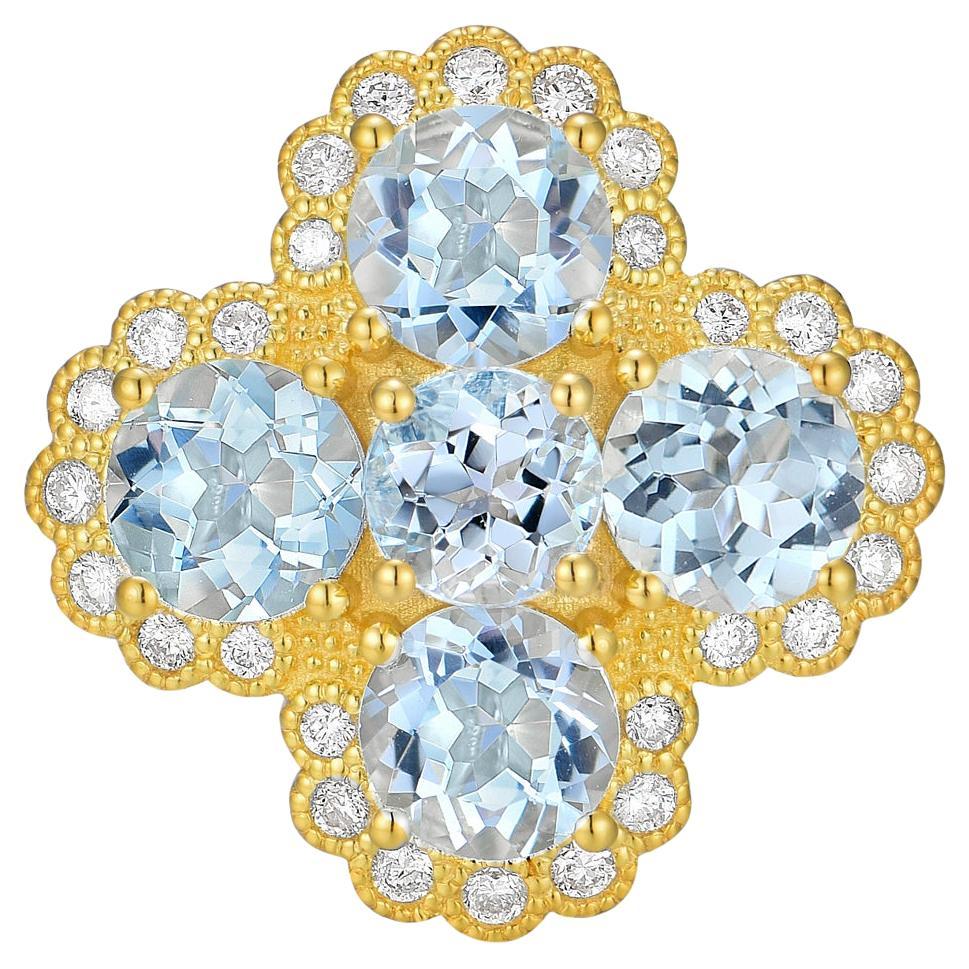 Nina Zhou Aquamarine Diamond Vintage-Style Clover Cocktail Ring