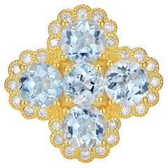 Nina Zhou, bague cocktail trèfle de style vintage en aigue-marine et diamants