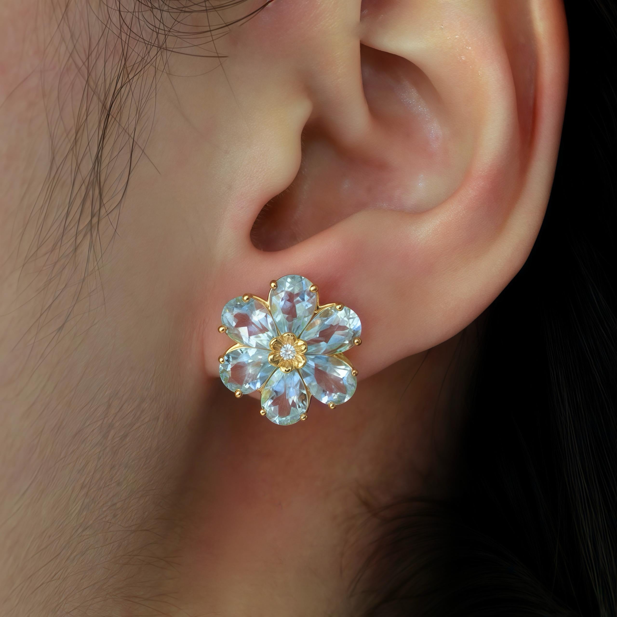 Discover Nina Zhou 7.85ctw Aquamarine Diamond Wildflower Earrings in Yellow Gold. These elegant earrings feature a stunning floral design, with brilliant aquamarine gemstones arranged to form delicate petals, accented by a sparkling diamond at the
