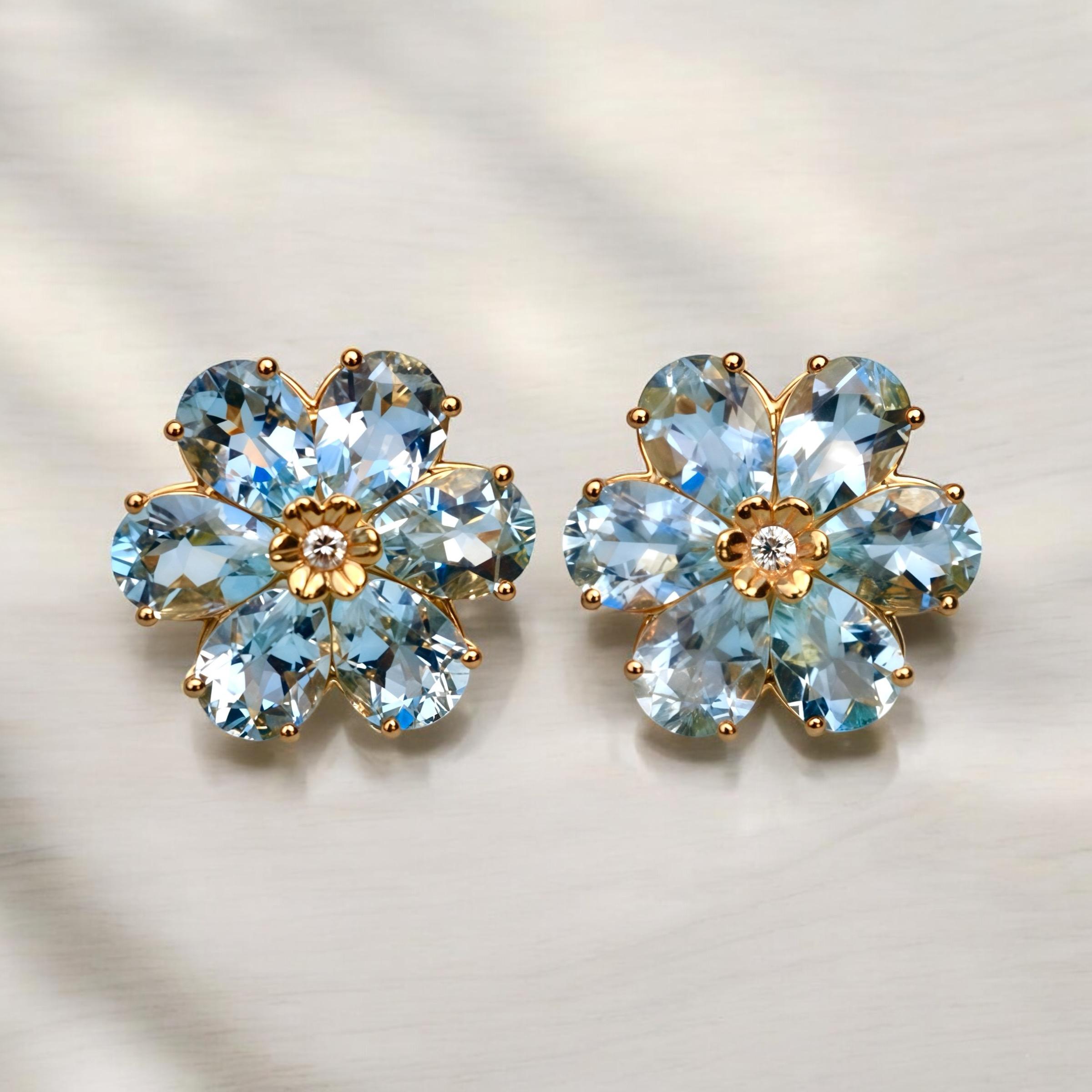 Pear Cut Nina Zhou 7.85ctw Aquamarine & Diamond Wildflower Earrings For Sale