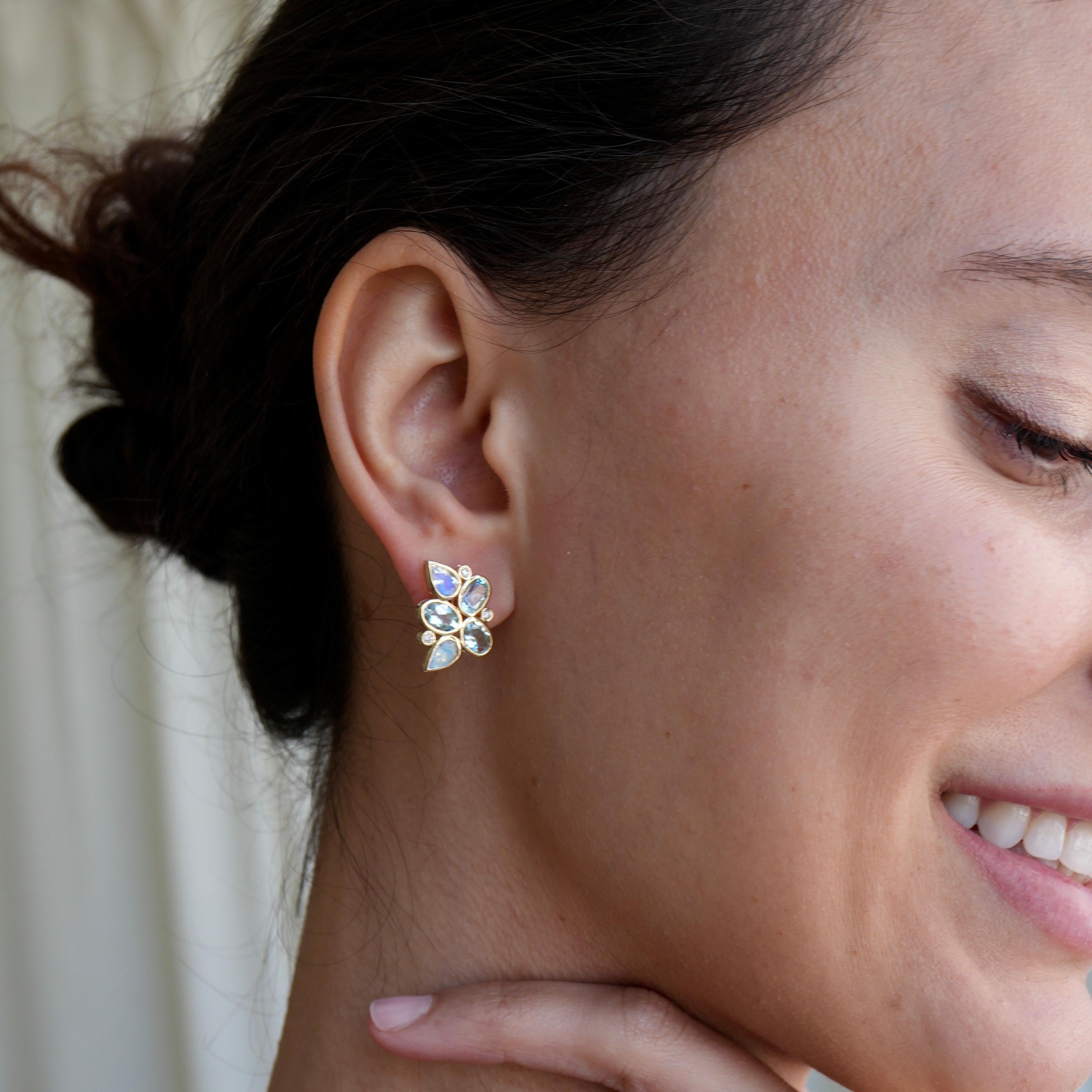 Modern Nina Zhou Aquamarine Moonstone Diamond Cluster Earrings For Sale