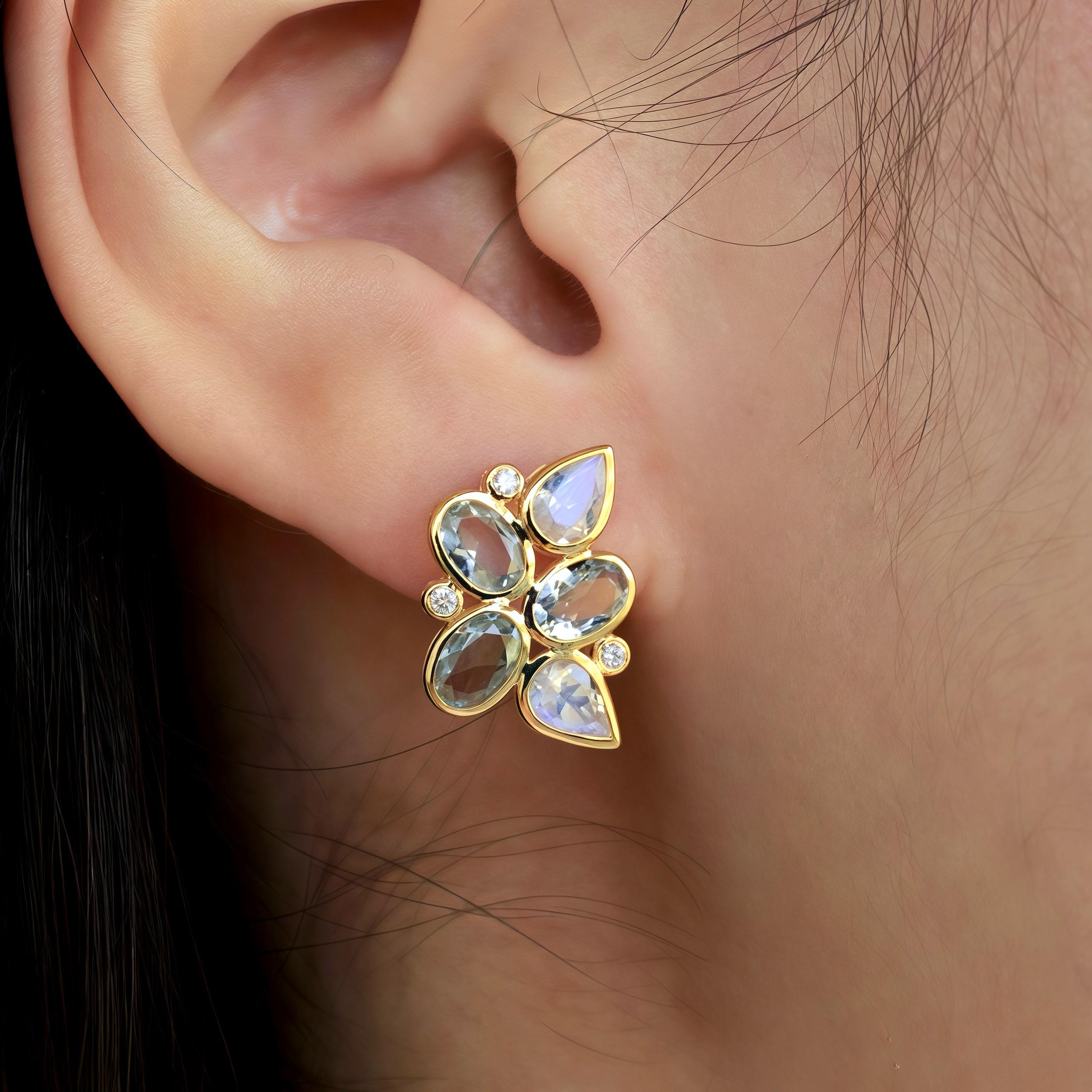 Nina Zhou Aquamarine Moonstone Diamond Cluster Earrings In New Condition For Sale In Rowland Heights, CA