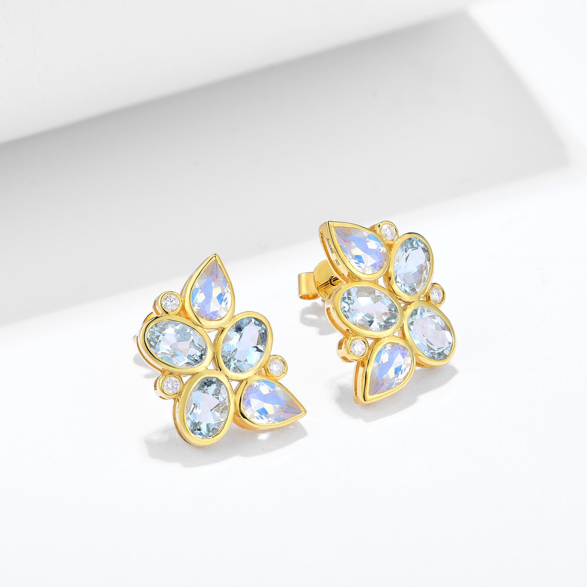 Women's Nina Zhou Aquamarine Moonstone Diamond Cluster Earrings For Sale