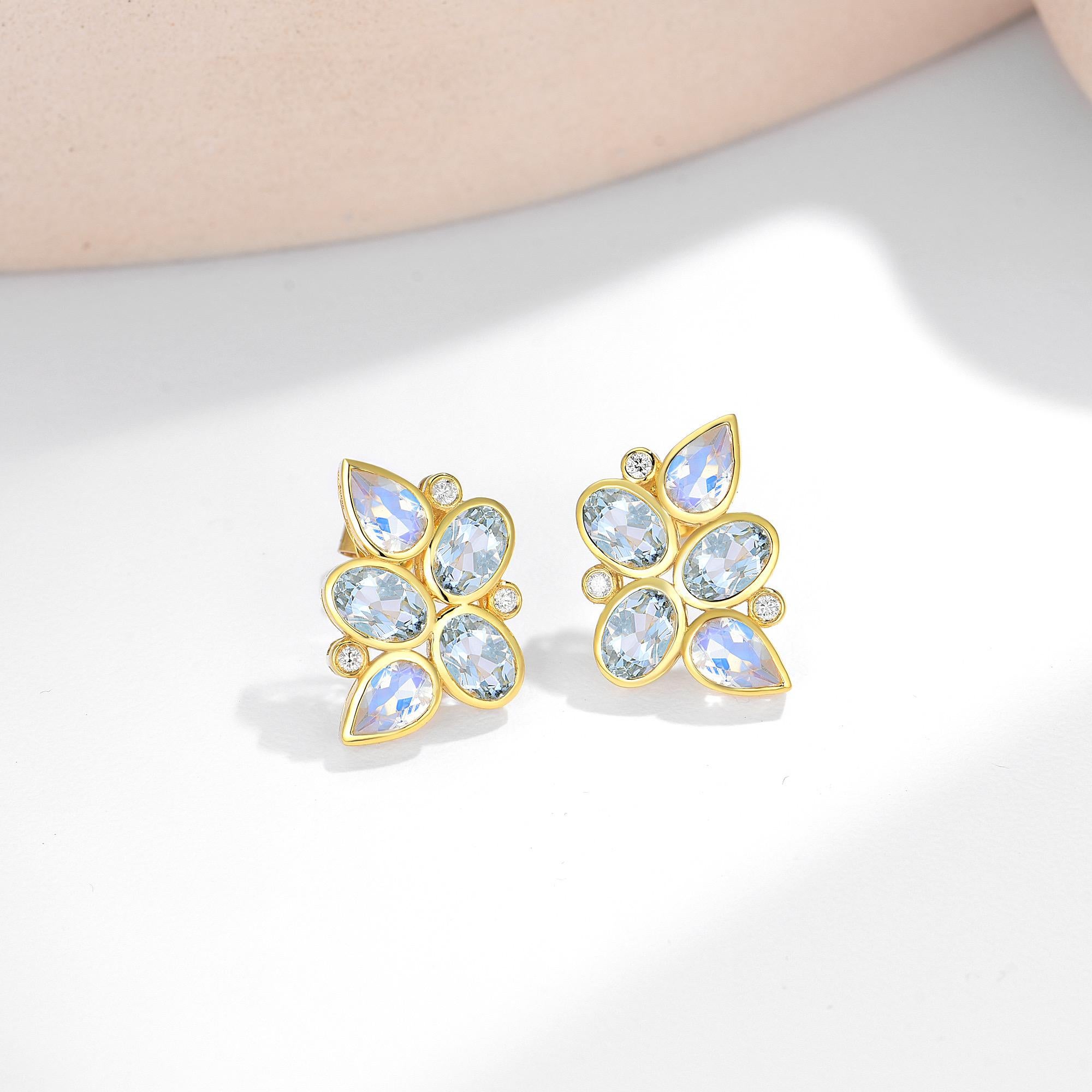 Nina Zhou Aquamarine Moonstone Diamond Cluster Earrings For Sale 2