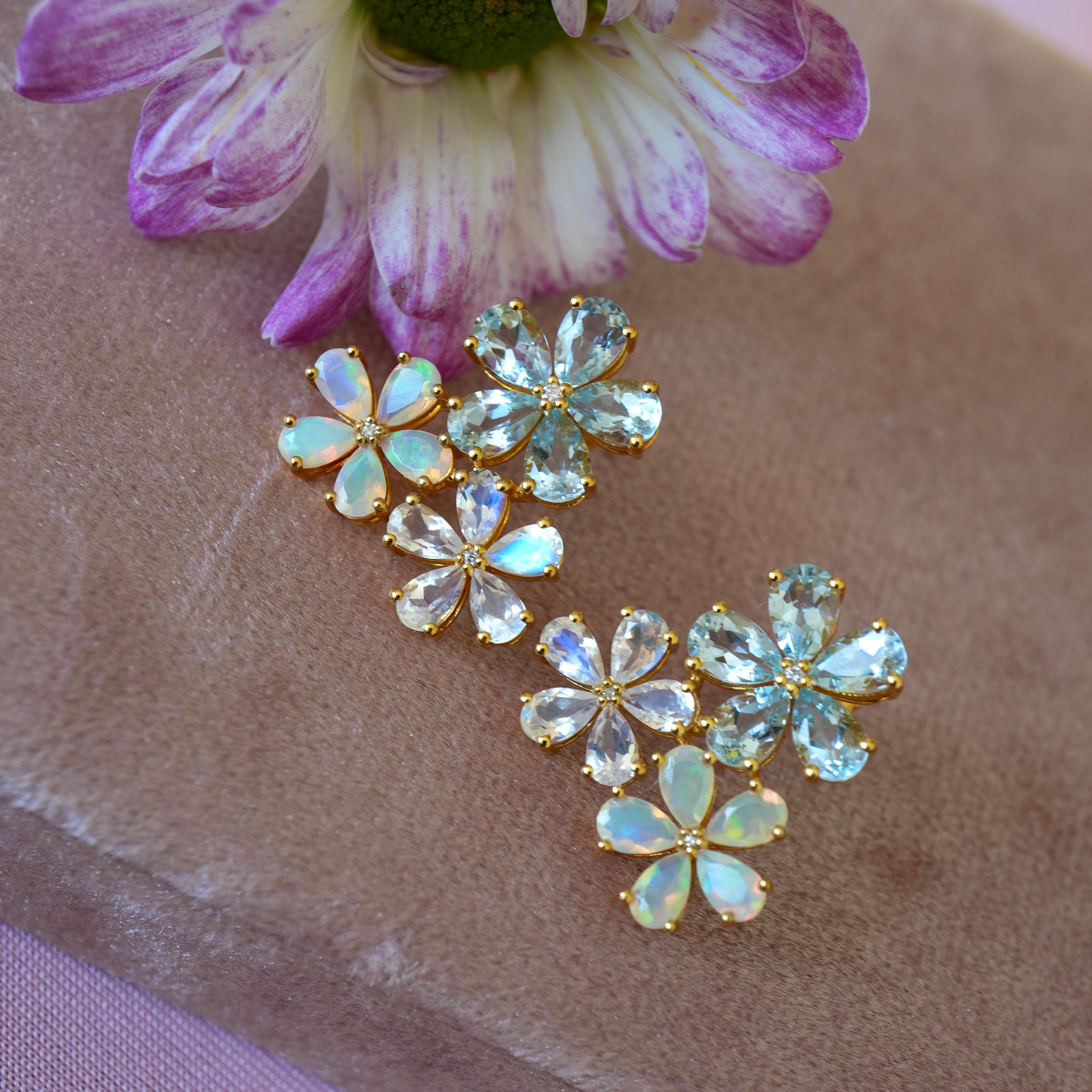 Pear Cut Nina Zhou Aquamarine Moonstone Opal and Diamond Blossom Earrings For Sale