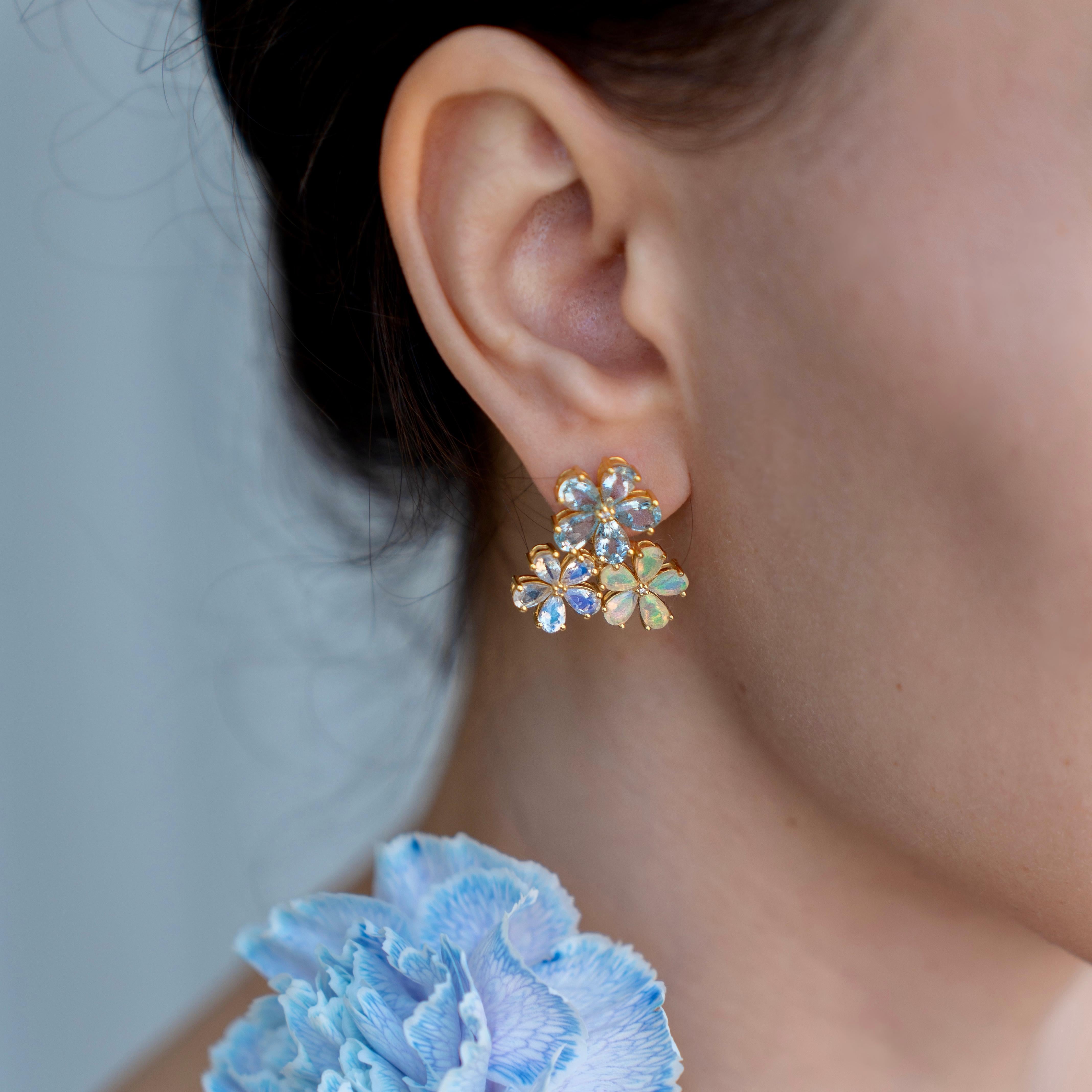 Modern Nina Zhou Aquamarine Moonstone Opal and Diamond Blossom Earrings For Sale