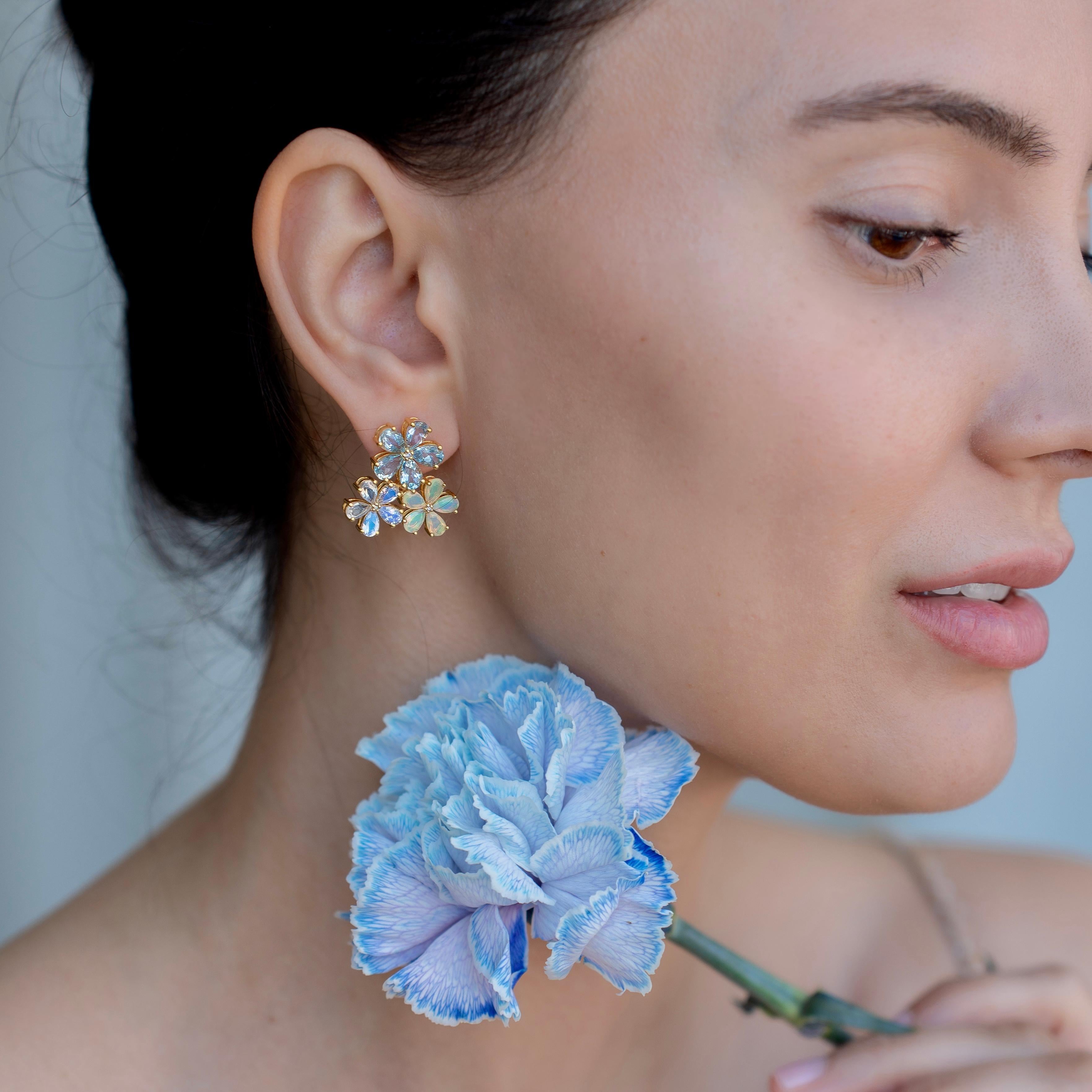 Nina Zhou Aquamarine Moonstone Opal and Diamond Blossom Earrings For Sale 1