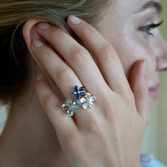 Nina Zhou Aquamarine, Moonstone, Sapphire & Diamond Flower Blossom Cocktail Ring
