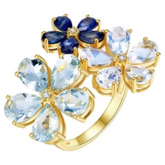 Nina Zhou Aquamarine Moonstone Sapphire Diamond Flower Blossom Ring