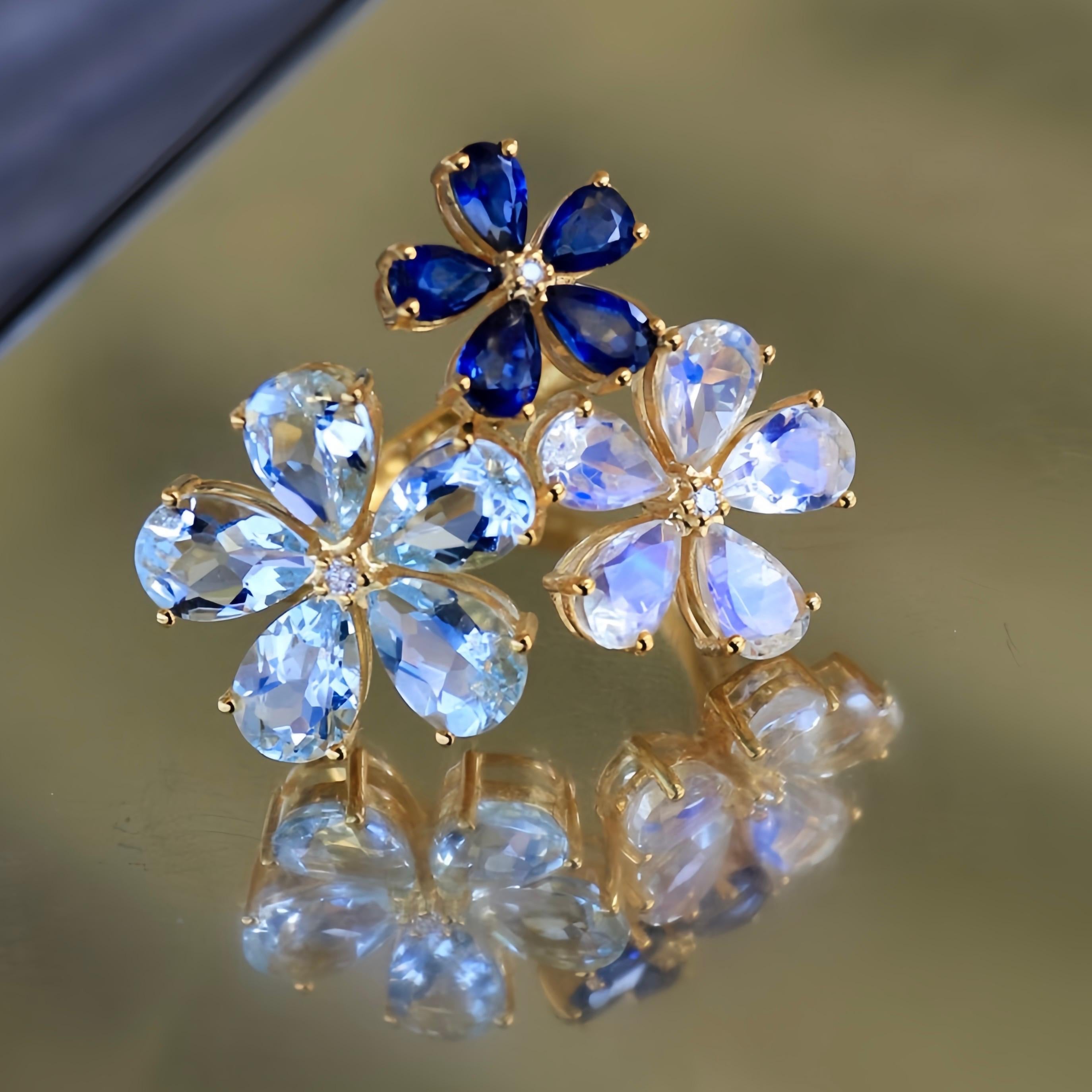 Modern Nina Zhou Aquamarine Moonstone Sapphire Diamond Flower Blossom Ring in 18k Gold For Sale