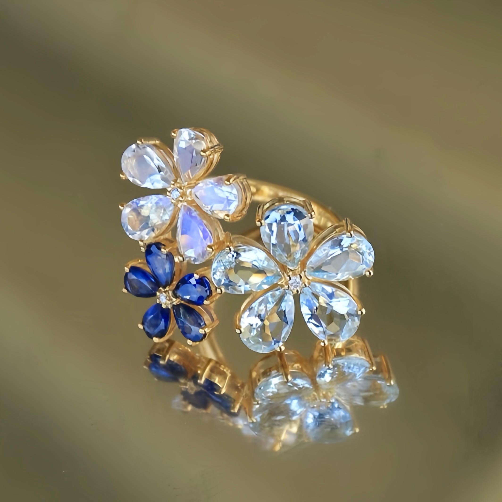 Pear Cut Nina Zhou Aquamarine Moonstone Sapphire Diamond Flower Blossom Ring in 18k Gold For Sale