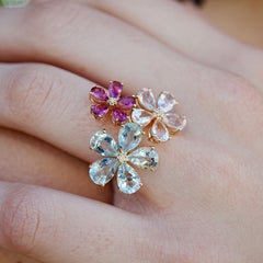 Nina Zhou Aquamarine, Morganite, Pink Tourmaline & Diamond Flower Cocktail Ring