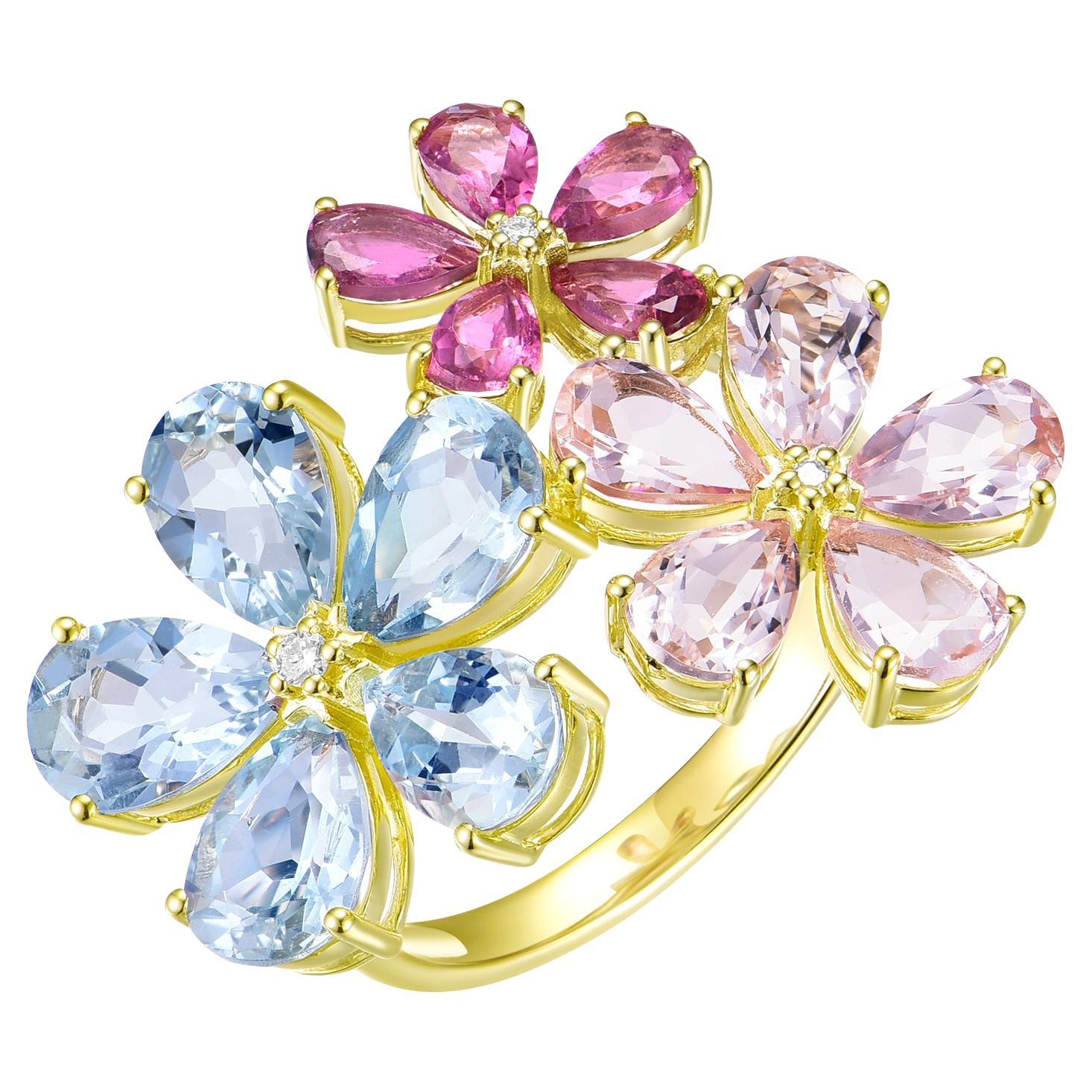 Nina Zhou Anello cocktail con acquamarina, morganite, tormalina rosa e diamanti in vendita